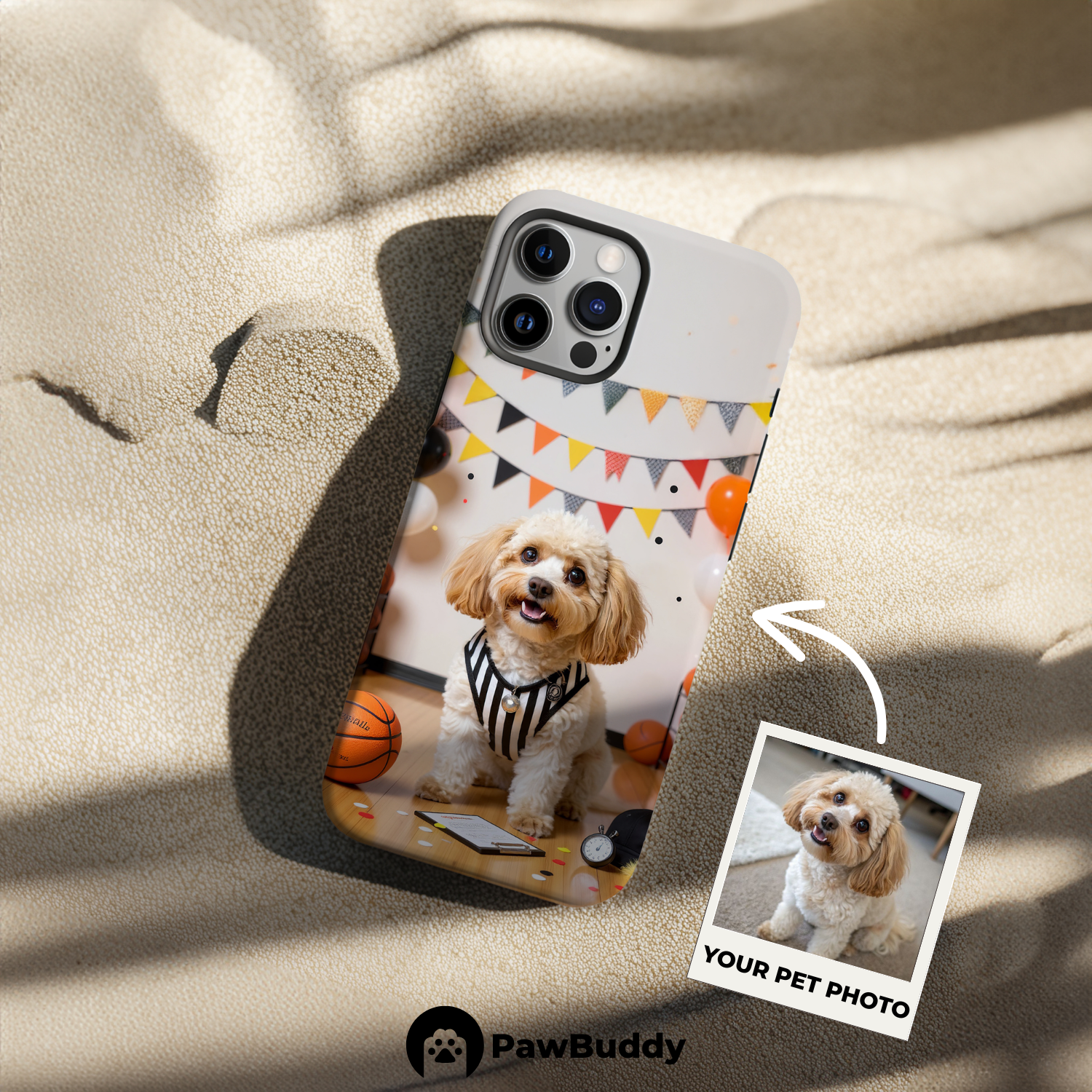 Custom Pet Phone Case for iPhone 11–17, Personalized Basketball Referee Black and White Striped Studio Design with Orange Ball Decor, Dual-Layer Shockproof PC+TPU Protective Cover with Glossy Wraparound Printing, Unique Gift for Pet Lovers