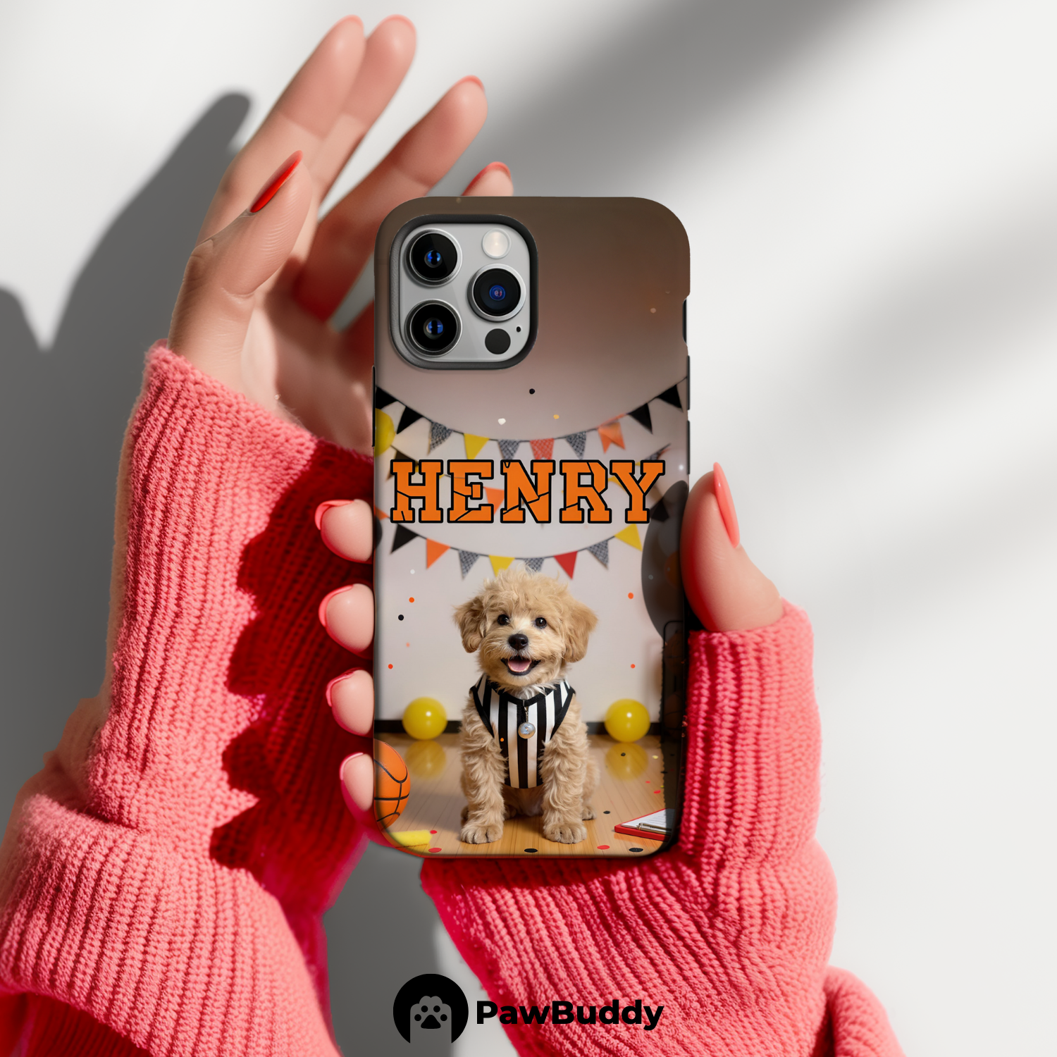 Custom Pet Phone Case for iPhone 11–17, Personalized Basketball Referee Black and White Striped Studio Design with Orange Ball Decor, Dual-Layer Shockproof PC+TPU Protective Cover with Glossy Wraparound Printing, Unique Gift for Pet Lovers