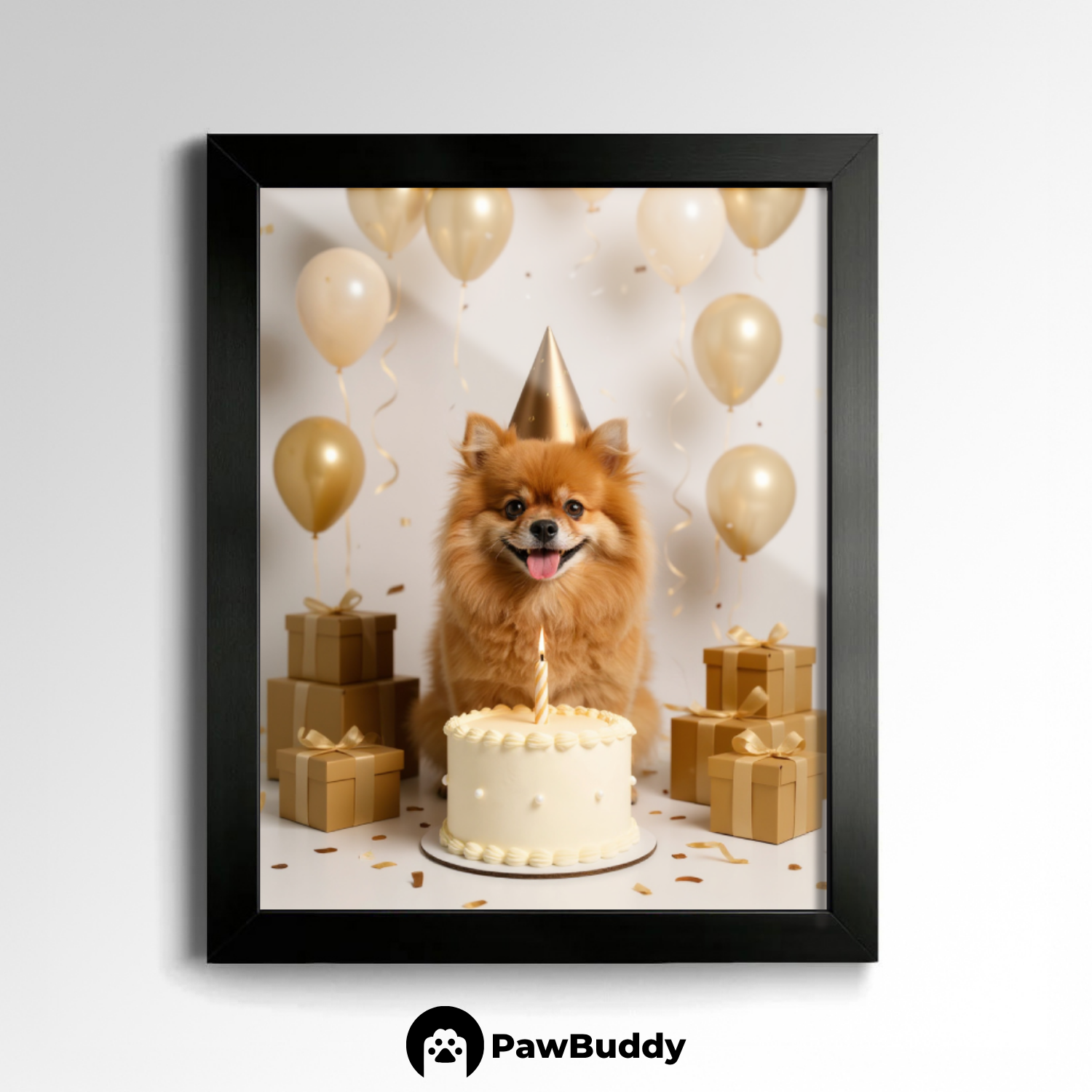 Custom Pet Poster Birthday Celebration Portrait with Beige Background – Personalized High-Resolution Matte Print for Wall Art, Home Decor, or Unique Gifts for Pet Lovers (Frame Not Included)