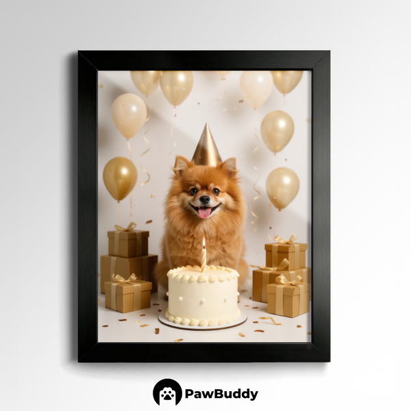 Custom Pet Poster Birthday Celebration Portrait with Beige Background – Personalized High-Resolution Matte Print for Wall Art, Home Decor, or Unique Gifts for Pet Lovers