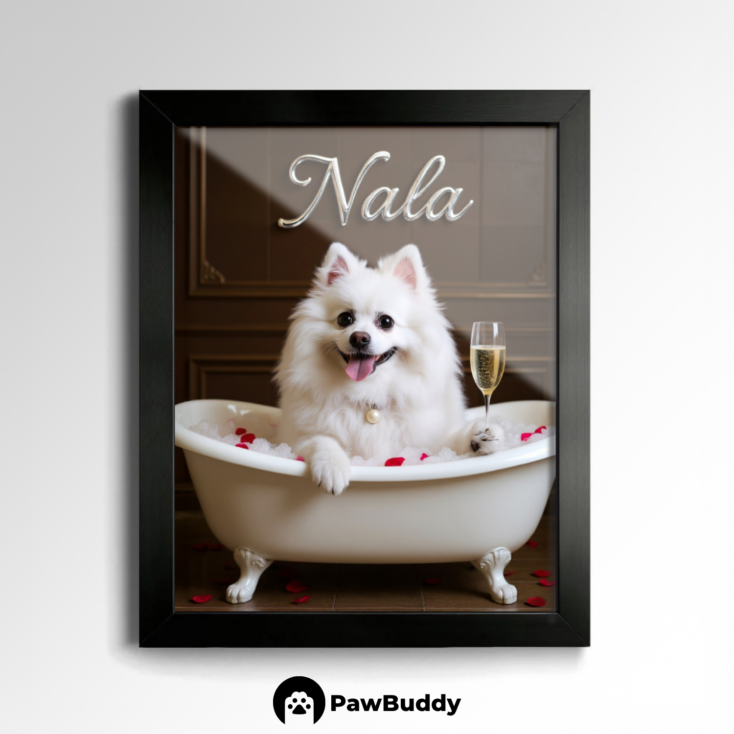 Custom Pet Poster Luxury Bathtub Portrait with Brown Interior, Champagne Glass, Red Petals, and Pearl Necklace – Personalized High-Resolution Matte Print for Wall Art, Home Decor, or Unique Gifts for Pet Lovers (Frame Not Included)