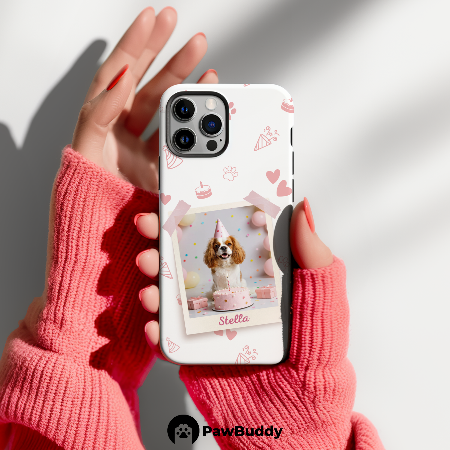 Custom Pet Phone Case for iPhone 11–17, Personalized Birthday Celebration Pink Pattern with Polaroid Photo Frame and Name, Dual-Layer Shockproof PC+TPU Protective Cover with Glossy Wraparound Printing, Unique Gift for Pet Lovers
