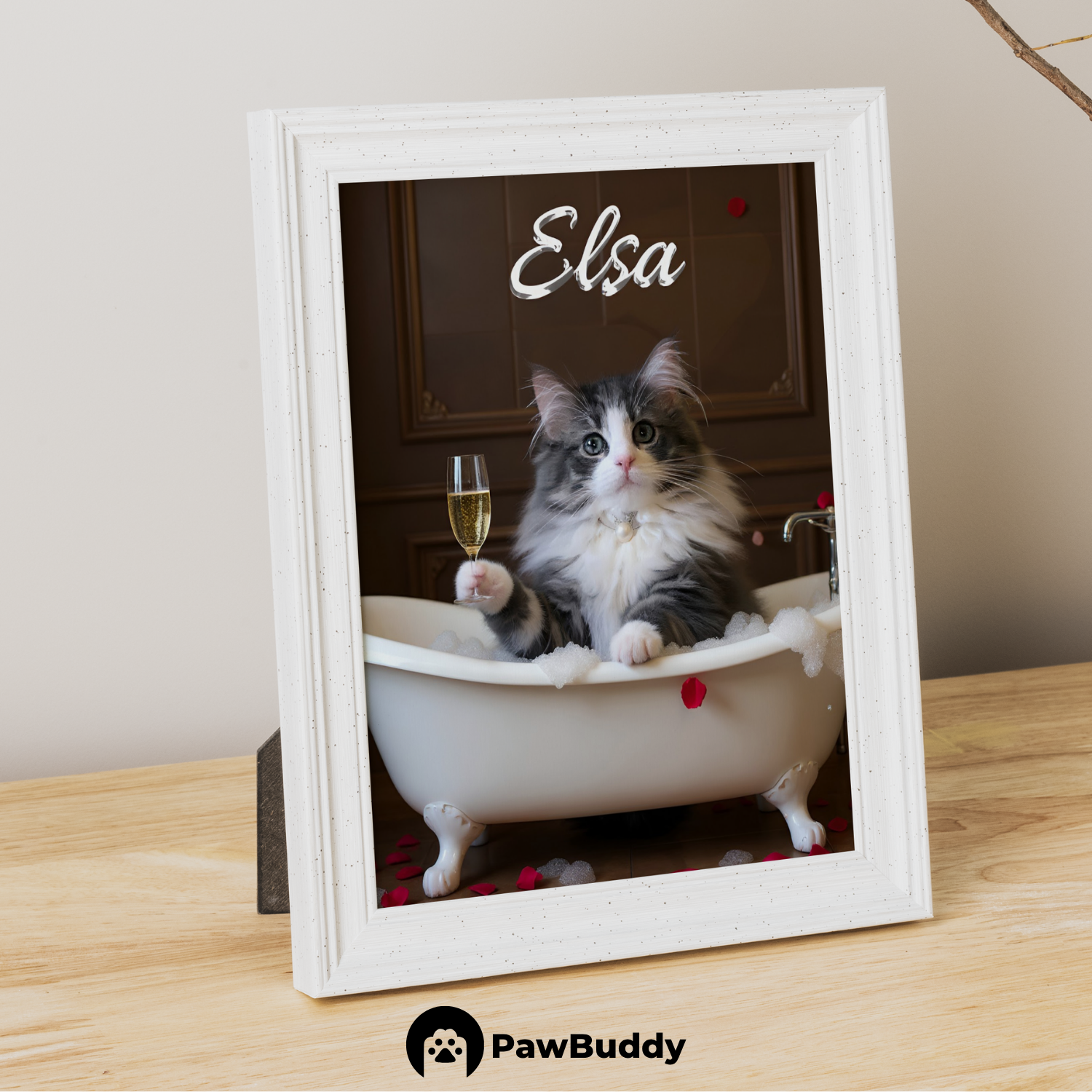 Custom Pet Poster Luxury Bathtub Portrait with Brown Interior, Champagne Glass, Red Petals, and Pearl Necklace – Personalized High-Resolution Matte Print for Wall Art, Home Decor, or Unique Gifts for Pet Lovers (Frame Not Included)