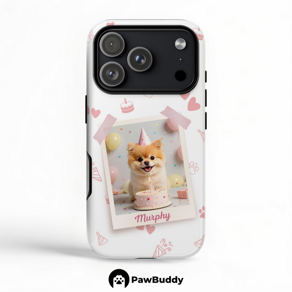 Custom Pet Phone Case for iPhone 11–17, Personalized Birthday Celebration Pink Pattern with Polaroid Photo Frame and Name, Dual-Layer Shockproof PC+TPU Protective Cover with Glossy Wraparound Printing, Unique Gift for Pet Lovers