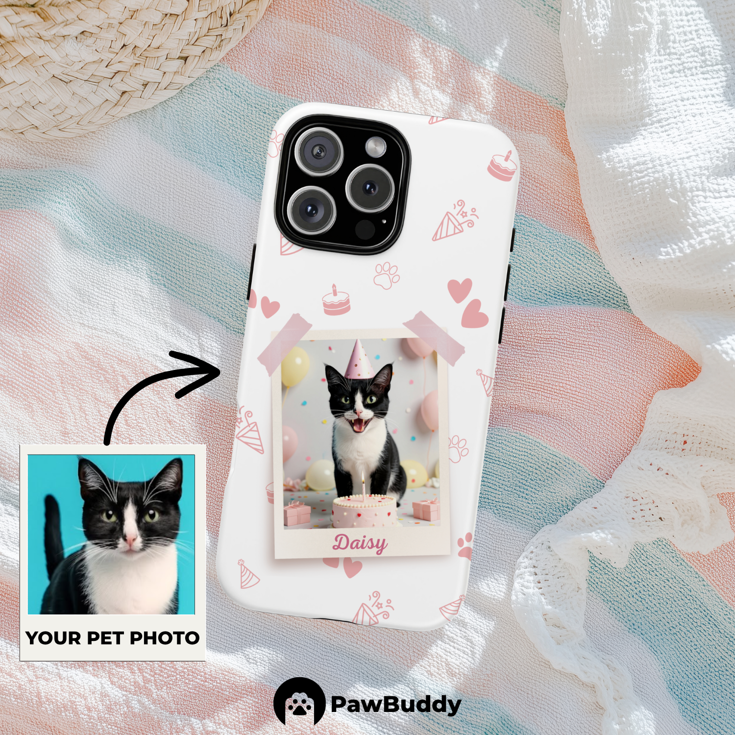 Custom Pet Phone Case for iPhone 11–17, Personalized Birthday Celebration Pink Pattern with Polaroid Photo Frame and Name, Dual-Layer Shockproof PC+TPU Protective Cover with Glossy Wraparound Printing, Unique Gift for Pet Lovers