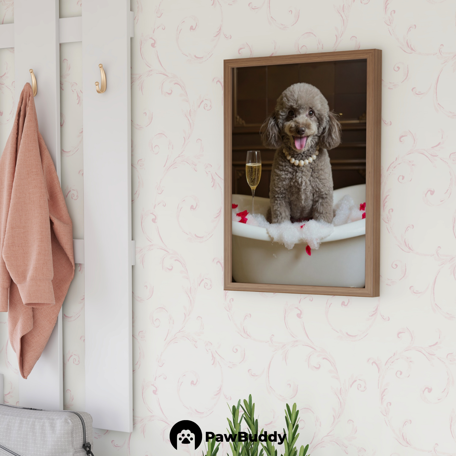 Custom Pet Poster Luxury Bathtub Portrait with Brown Interior, Champagne Glass, Red Petals, and Pearl Necklace – Personalized High-Resolution Matte Print for Wall Art, Home Decor, or Unique Gifts for Pet Lovers (Frame Not Included)