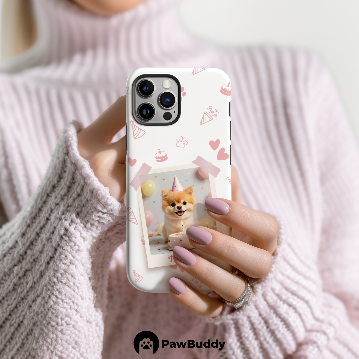 Custom Pet Phone Case for iPhone 11–17, Personalized Birthday Celebration Pink Pattern with Polaroid Photo Frame and Name, Dual-Layer Shockproof PC+TPU Protective Cover with Glossy Wraparound Printing, Unique Gift for Pet Lovers