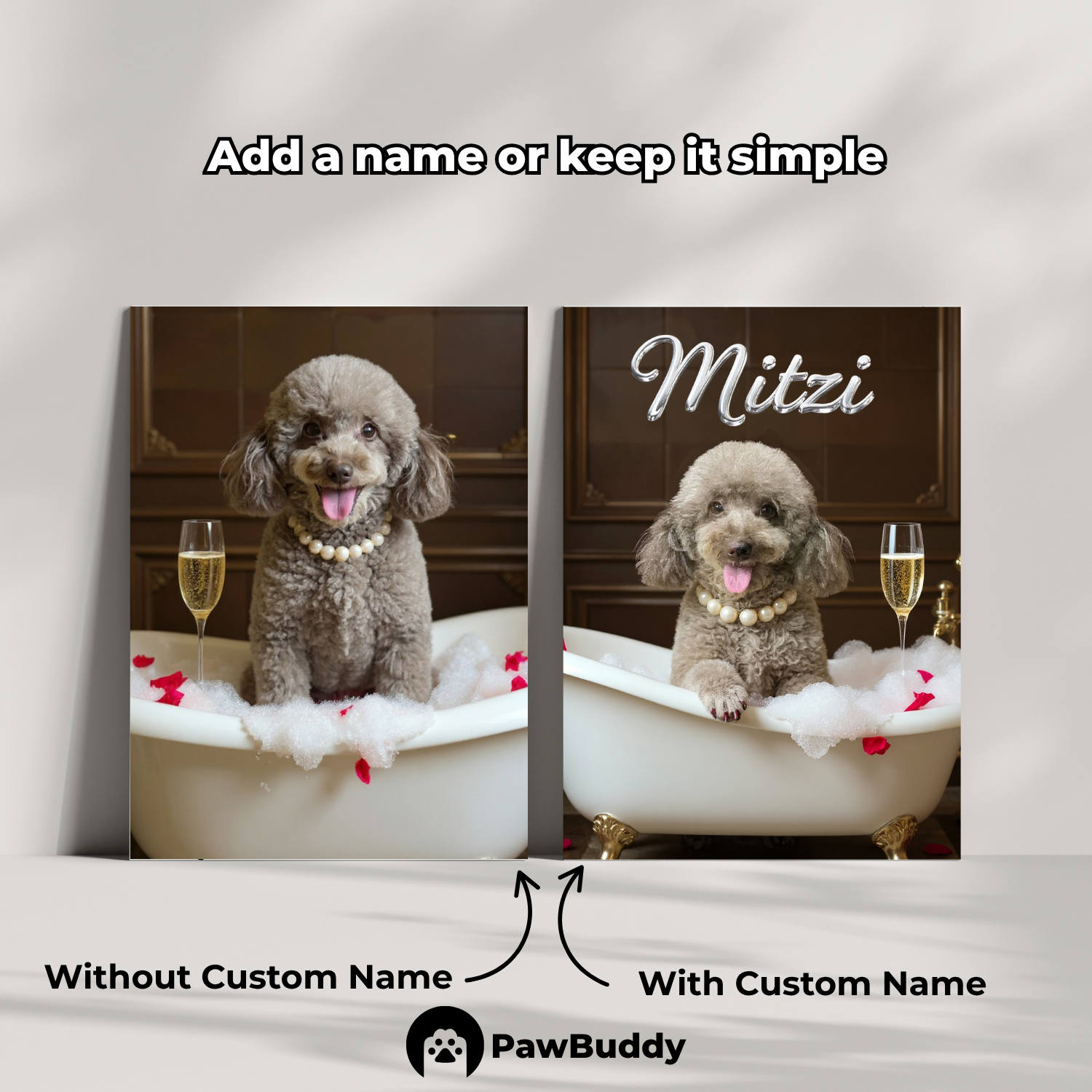 Custom Pet Poster Luxury Bathtub Portrait with Brown Interior, Champagne Glass, Red Petals, and Pearl Necklace – Personalized High-Resolution Matte Print for Wall Art, Home Decor, or Unique Gifts for Pet Lovers (Frame Not Included)