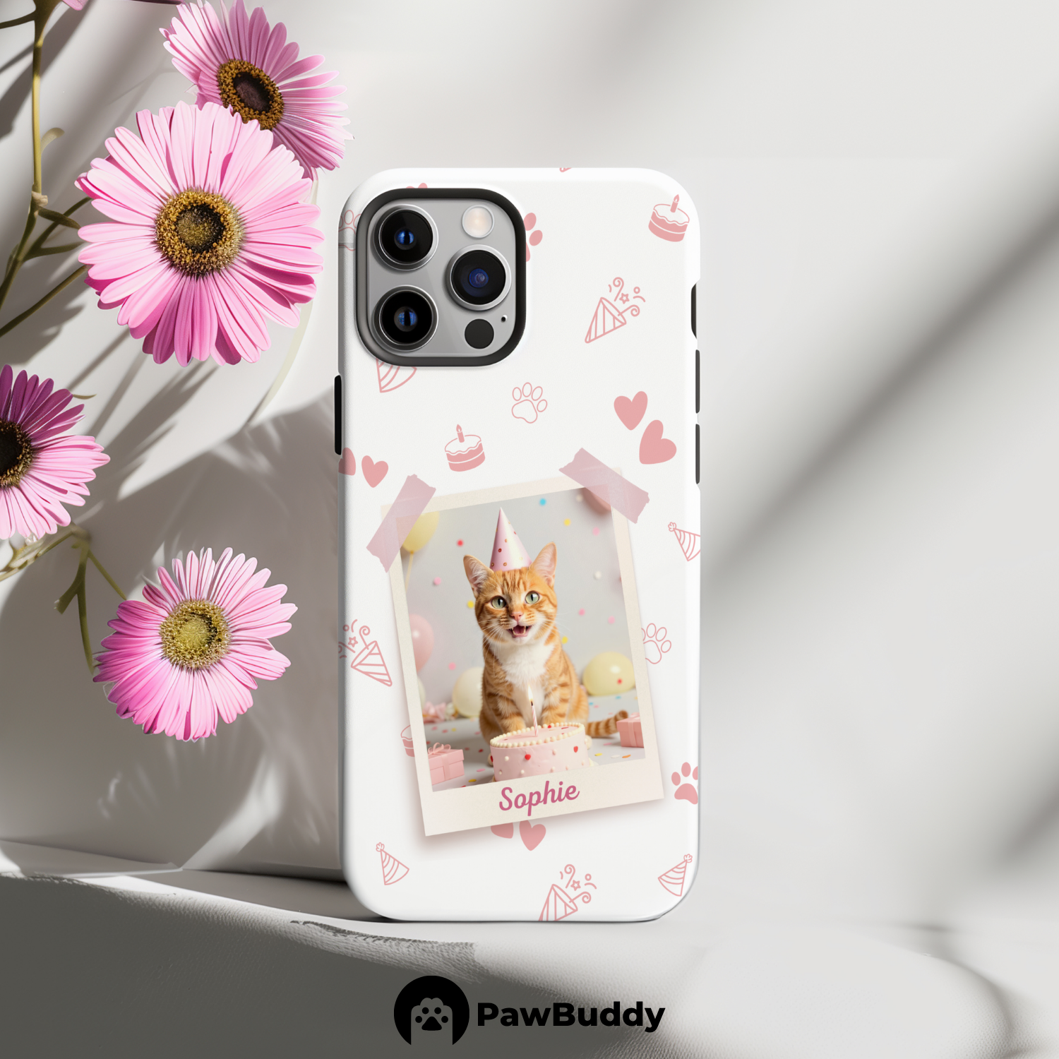 Custom Pet Phone Case for iPhone 11–17, Personalized Birthday Celebration Pink Pattern with Polaroid Photo Frame and Name, Dual-Layer Shockproof PC+TPU Protective Cover with Glossy Wraparound Printing, Unique Gift for Pet Lovers