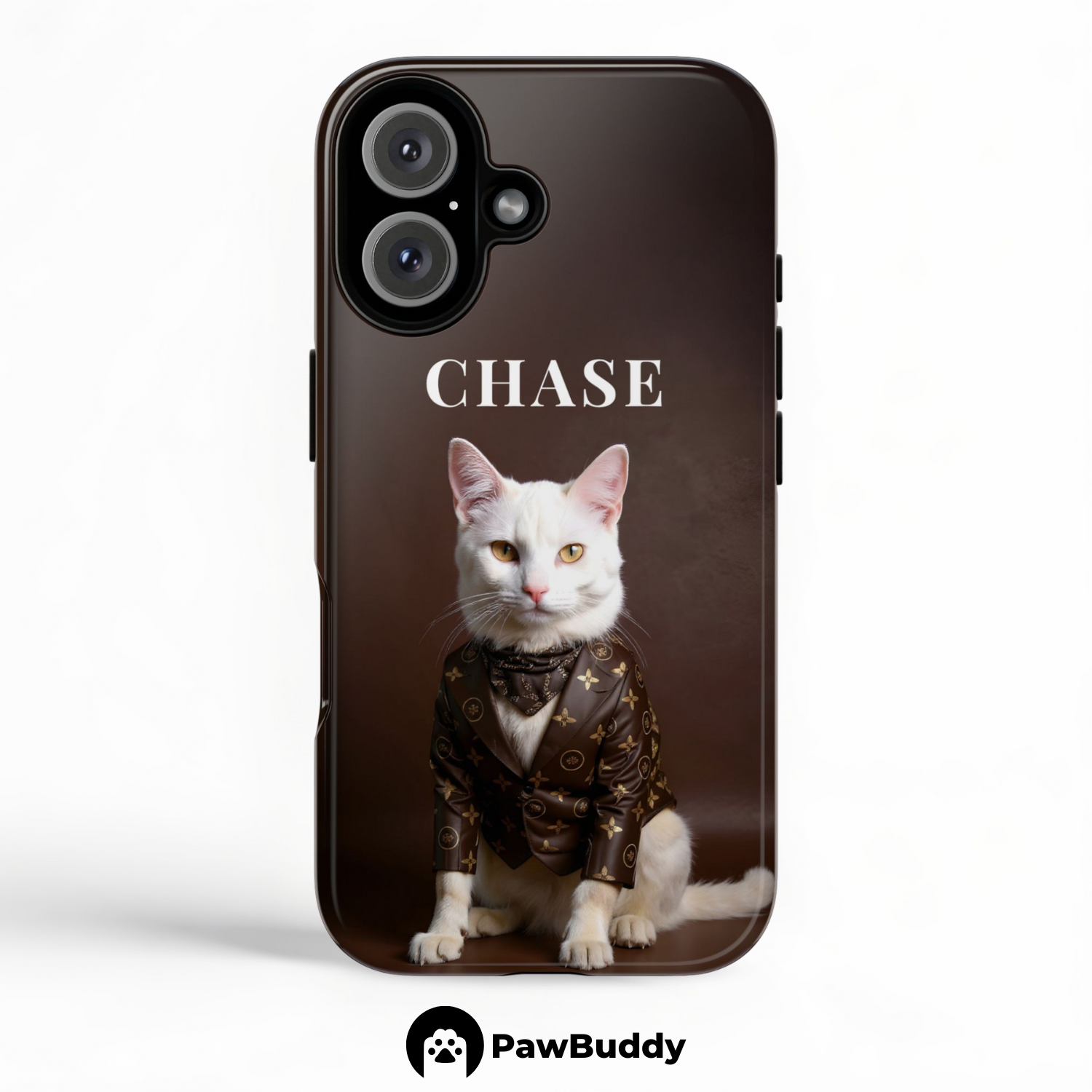 Custom Pet Phone Case for iPhone 11–17, Personalized Dark Brown Suit Studio Portrait Design, Dual-Layer Shockproof PC+TPU Protective Cover with Glossy Wraparound Printing, Unique Gift for Pet