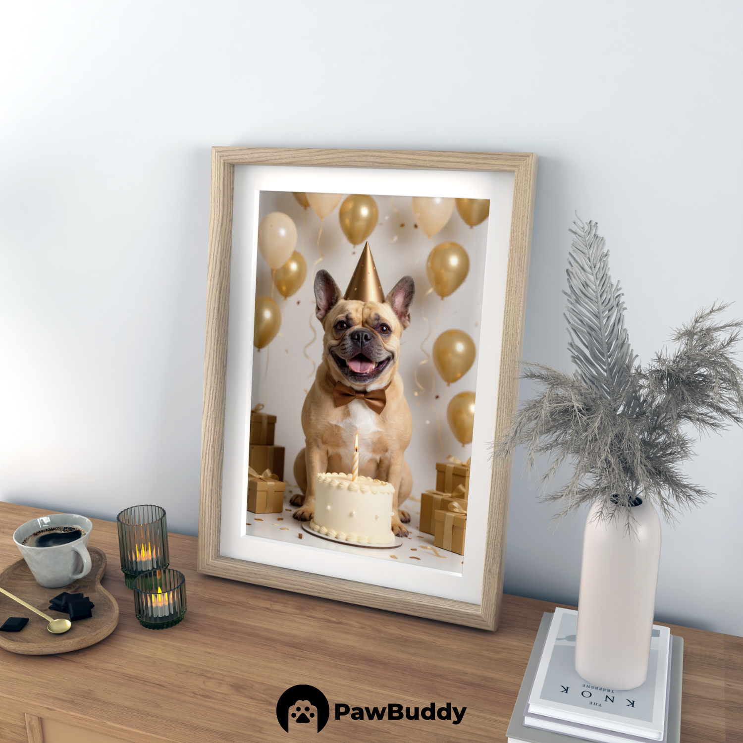 Custom Pet Poster Birthday Celebration Portrait with Beige Background – Personalized High-Resolution Matte Print for Wall Art, Home Decor, or Unique Gifts for Pet Lovers (Frame Not Included)