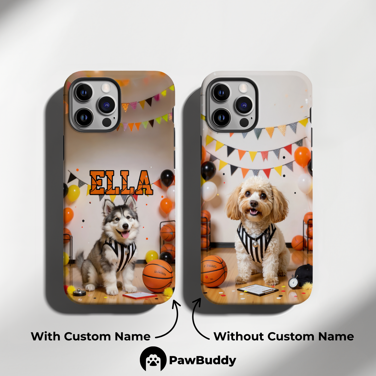Custom Pet Phone Case for iPhone 11–17, Personalized Basketball Referee Black and White Striped Studio Design with Orange Ball Decor, Dual-Layer Shockproof PC+TPU Protective Cover with Glossy Wraparound Printing, Unique Gift for Pet Lovers
