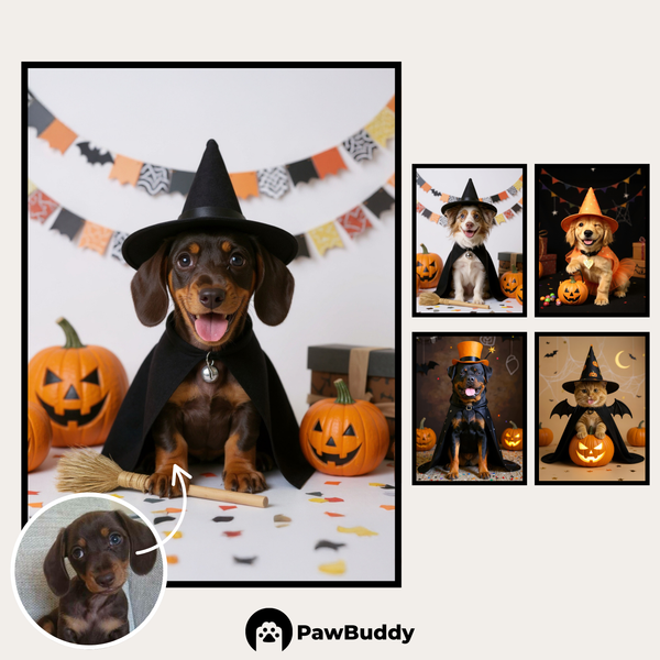 Custom Digital Art Halloween Pet Witch with Pumpkin – Personalized High-Resolution 3:4 Ratio File for Printing, Online Sharing, or Unique Digital Keepsakes