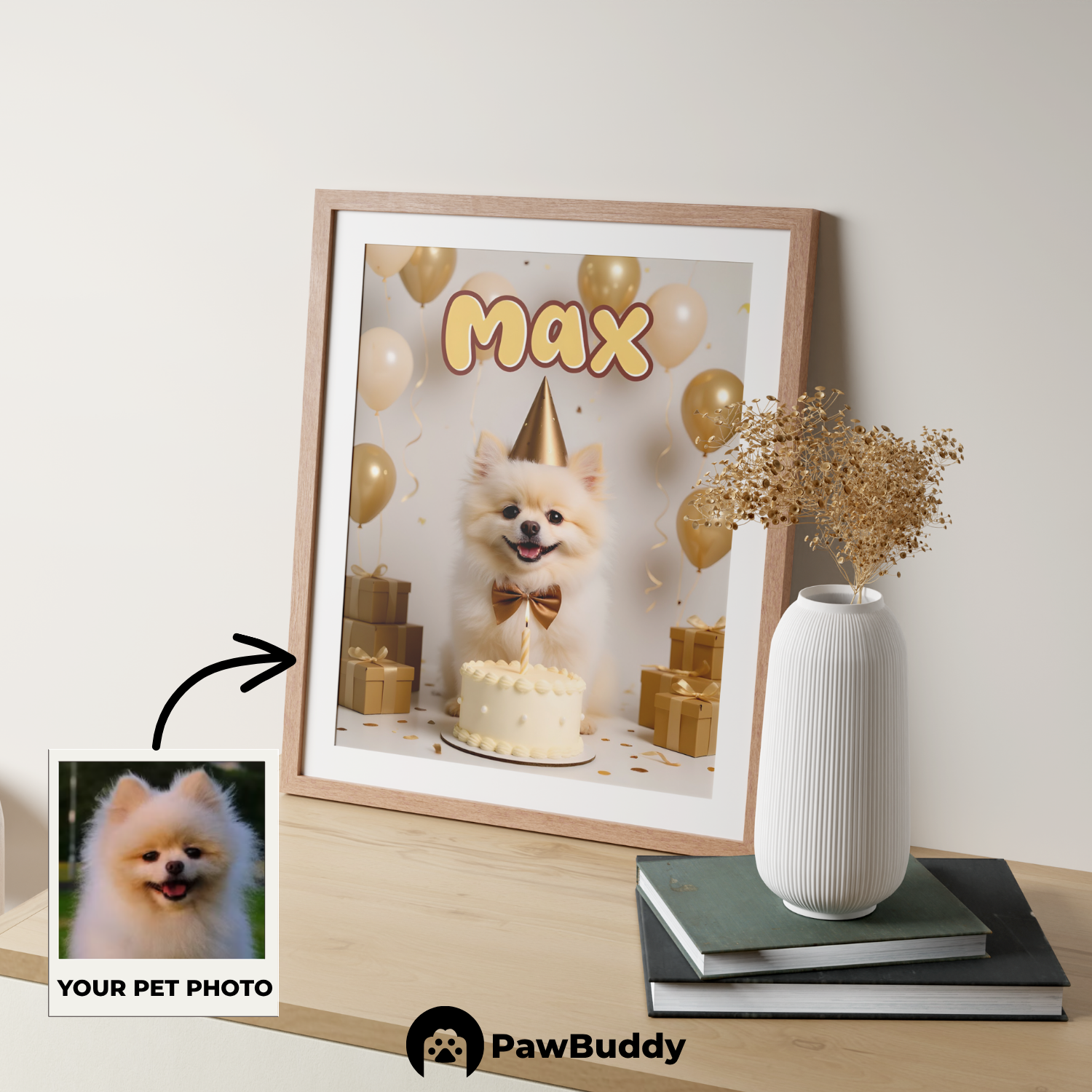 Custom Pet Poster Birthday Celebration Portrait with Beige Background – Personalized High-Resolution Matte Print for Wall Art, Home Decor, or Unique Gifts for Pet Lovers (Frame Not Included)
