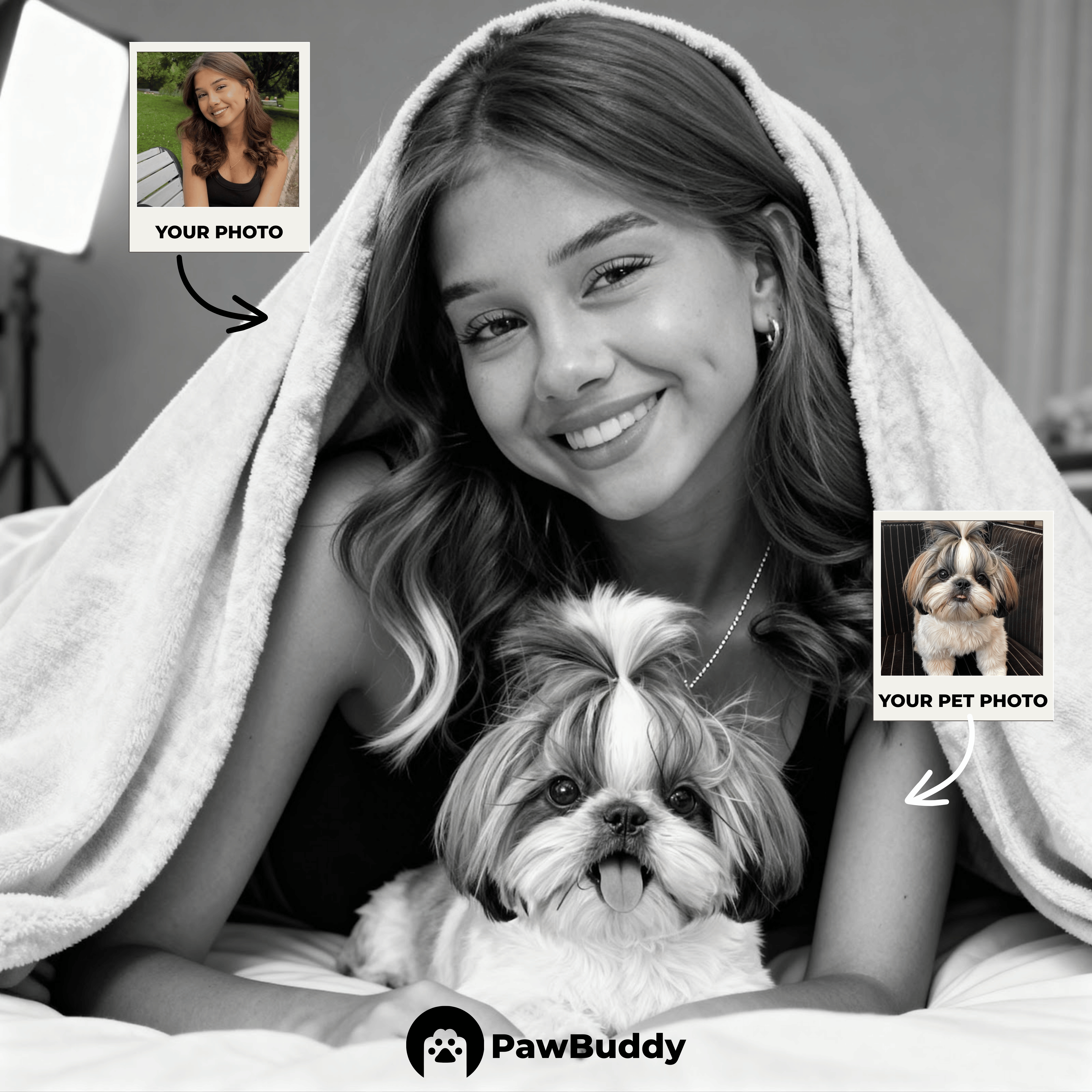 Custom Human & Pet Portrait Monochrome Cozy Blanket Digital Artwork - Personalized High-Resolution Artwork for Pet Lovers, Perfect for Online Sharing or as a Unique Emotional Keepsake
