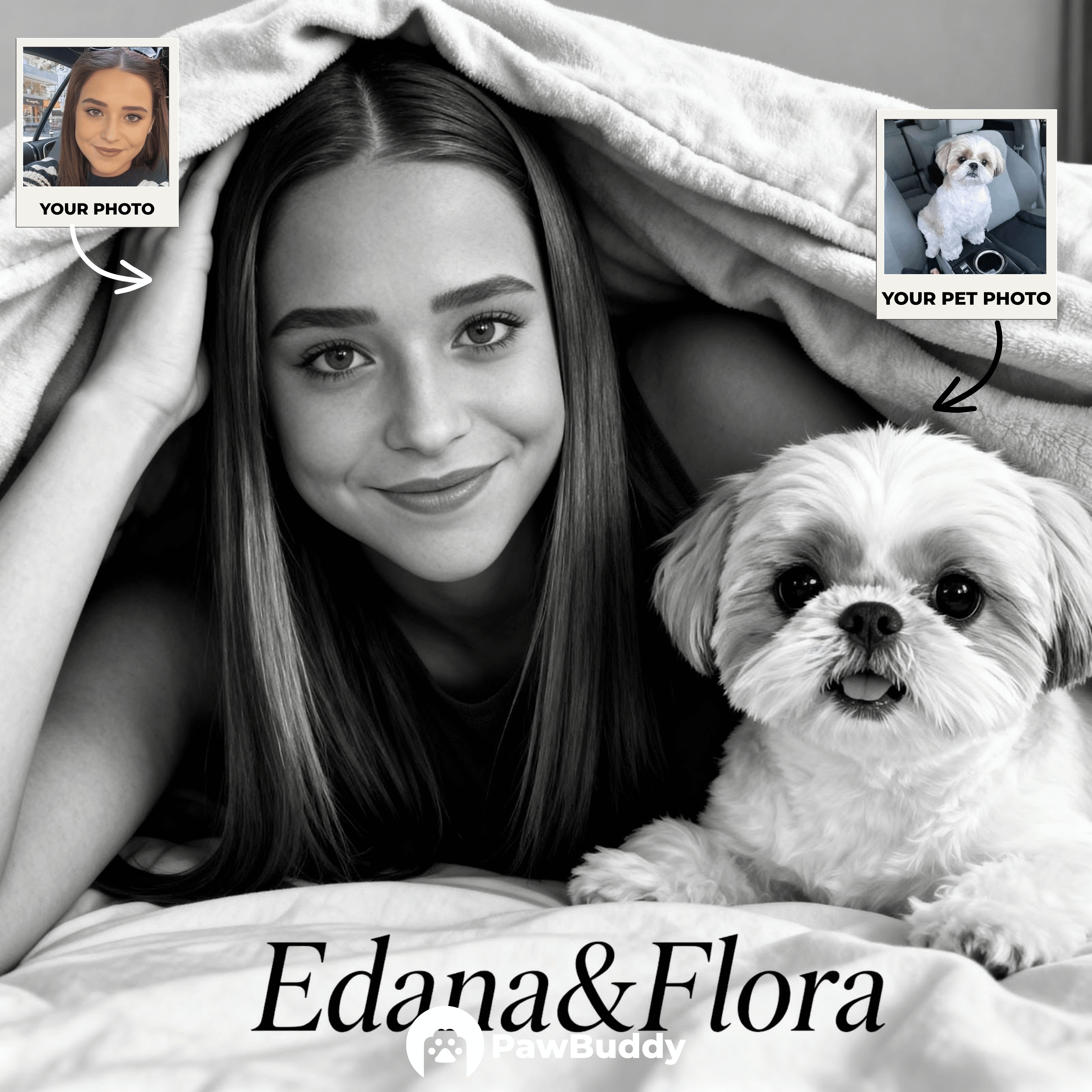 Custom Human & Pet Portrait Monochrome Cozy Blanket Digital Artwork - Personalized High-Resolution Artwork for Pet Lovers, Perfect for Online Sharing or as a Unique Emotional Keepsake
