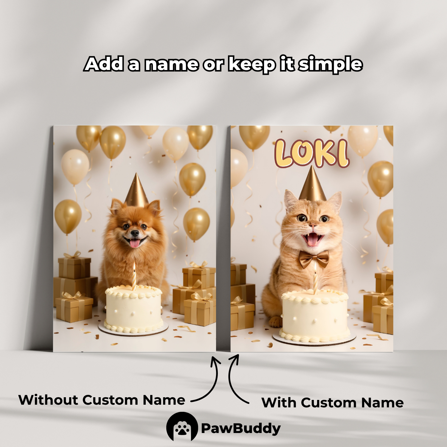 Custom Pet Poster Birthday Celebration Portrait with Beige Background – Personalized High-Resolution Matte Print for Wall Art, Home Decor, or Unique Gifts for Pet Lovers (Frame Not Included)