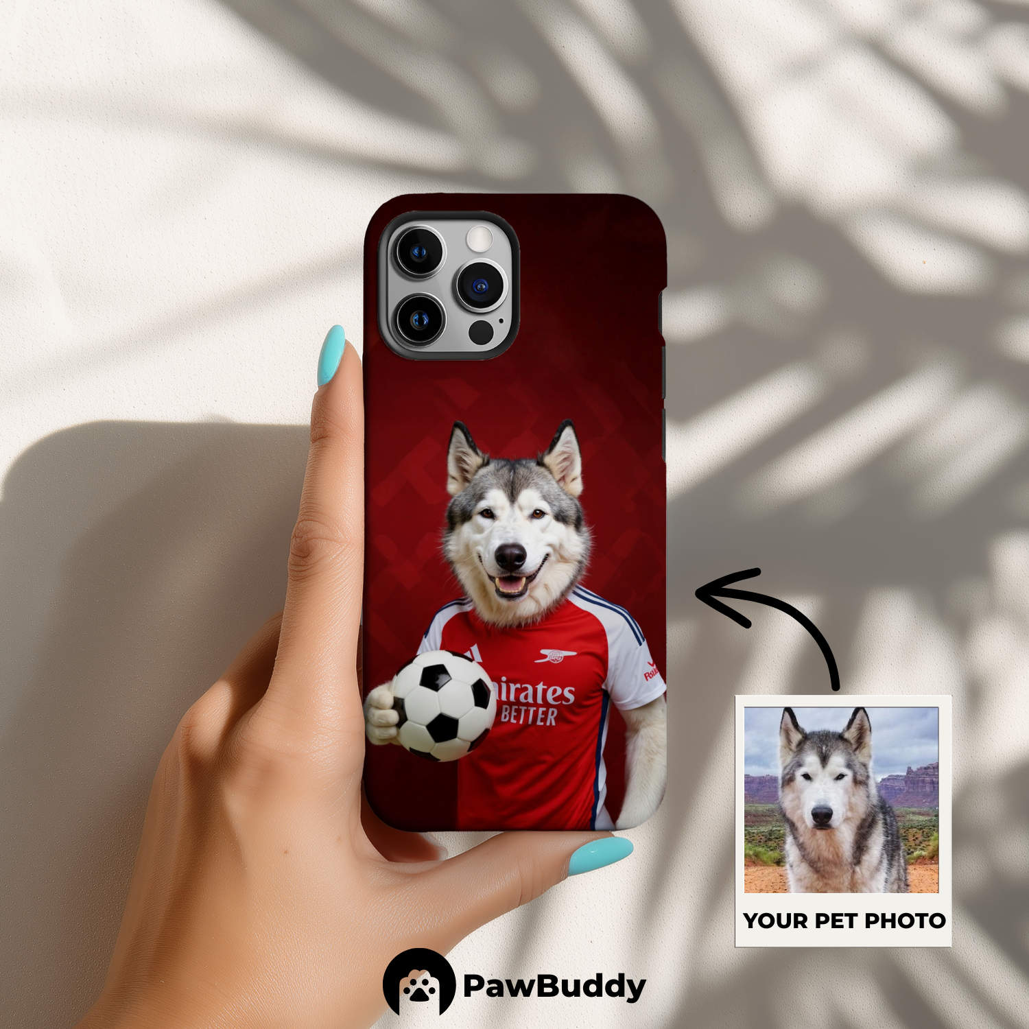 Custom Pet Phone Case for iPhone 11–17, Personalized Crimson Spirit Soccer Portrait Design, Dual-Layer Shockproof PC+TPU Protective Cover with Glossy Wraparound Printing, Unique Gift for Pet Lovers