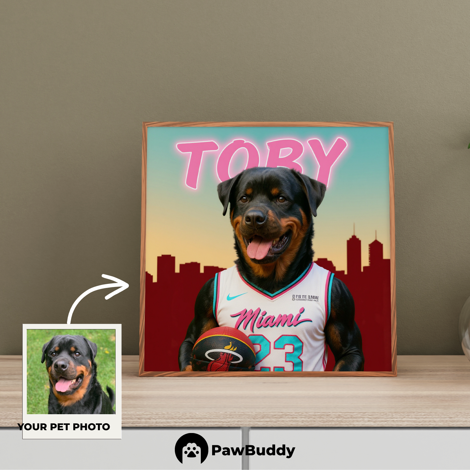 Custom Pet Poster Sunset City Basketball Portrait – Personalized High-Resolution Matte Print for Wall Art, Home Decor, or Unique Gifts for Pet Lovers (Frame Not Included)