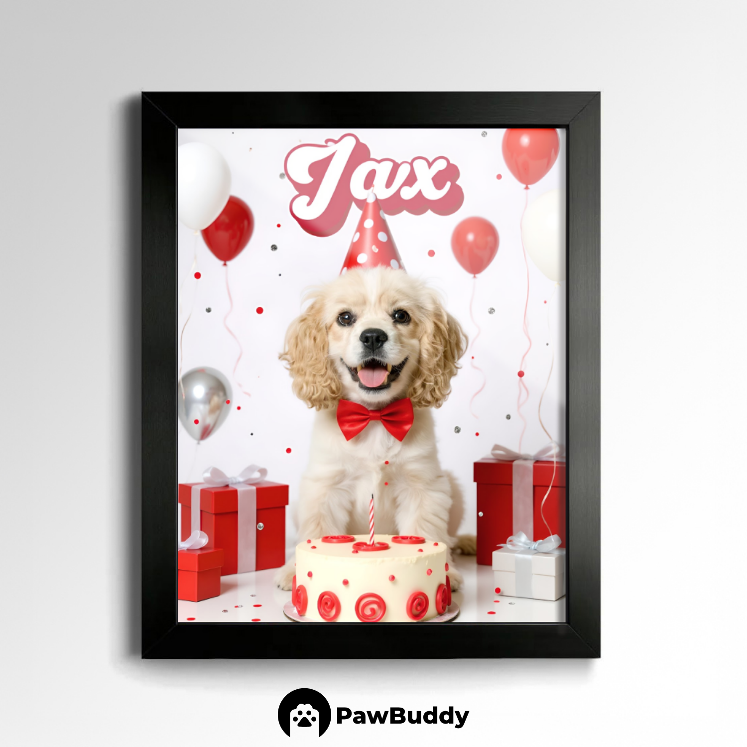 Custom Pet Poster Birthday Celebration Portrait with Red Background – Personalized High-Resolution Matte Print for Wall Art, Home Decor, or Unique Gifts for Pet Lovers (Frame Not Included)