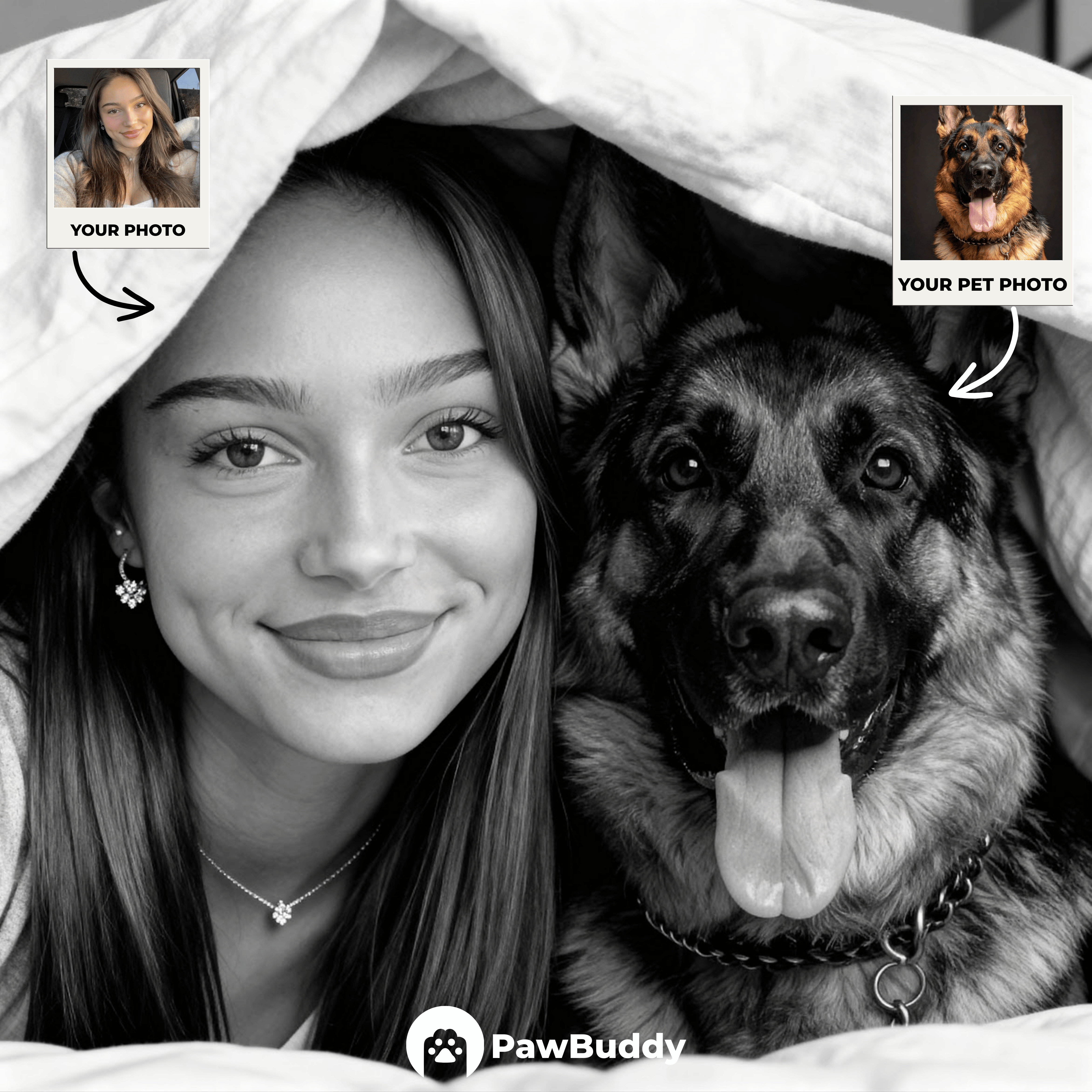 Custom Human & Pet Portrait Monochrome Cozy Blanket Digital Artwork - Personalized High-Resolution Artwork for Pet Lovers, Perfect for Online Sharing or as a Unique Emotional Keepsake