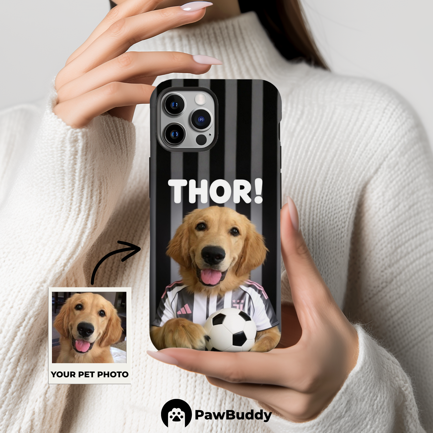 Custom Pet Phone Case for iPhone 11–17, Personalized Monochrome Ace Soccer Champion Portrait Design, Dual-Layer Shockproof PC+TPU Protective Cover with Glossy Wraparound Printing, Unique Gift for Pet Lovers
