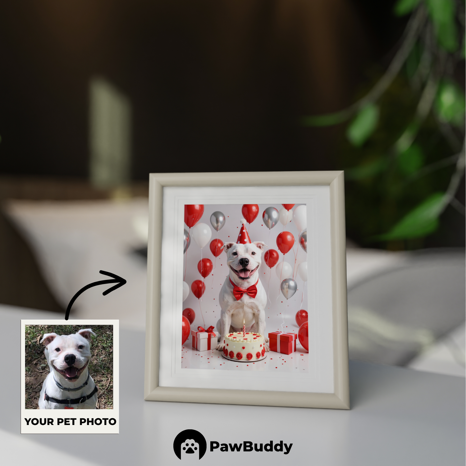 Custom Pet Poster Birthday Celebration Portrait with Red Background – Personalized High-Resolution Matte Print for Wall Art, Home Decor, or Unique Gifts for Pet Lovers (Frame Not Included)
