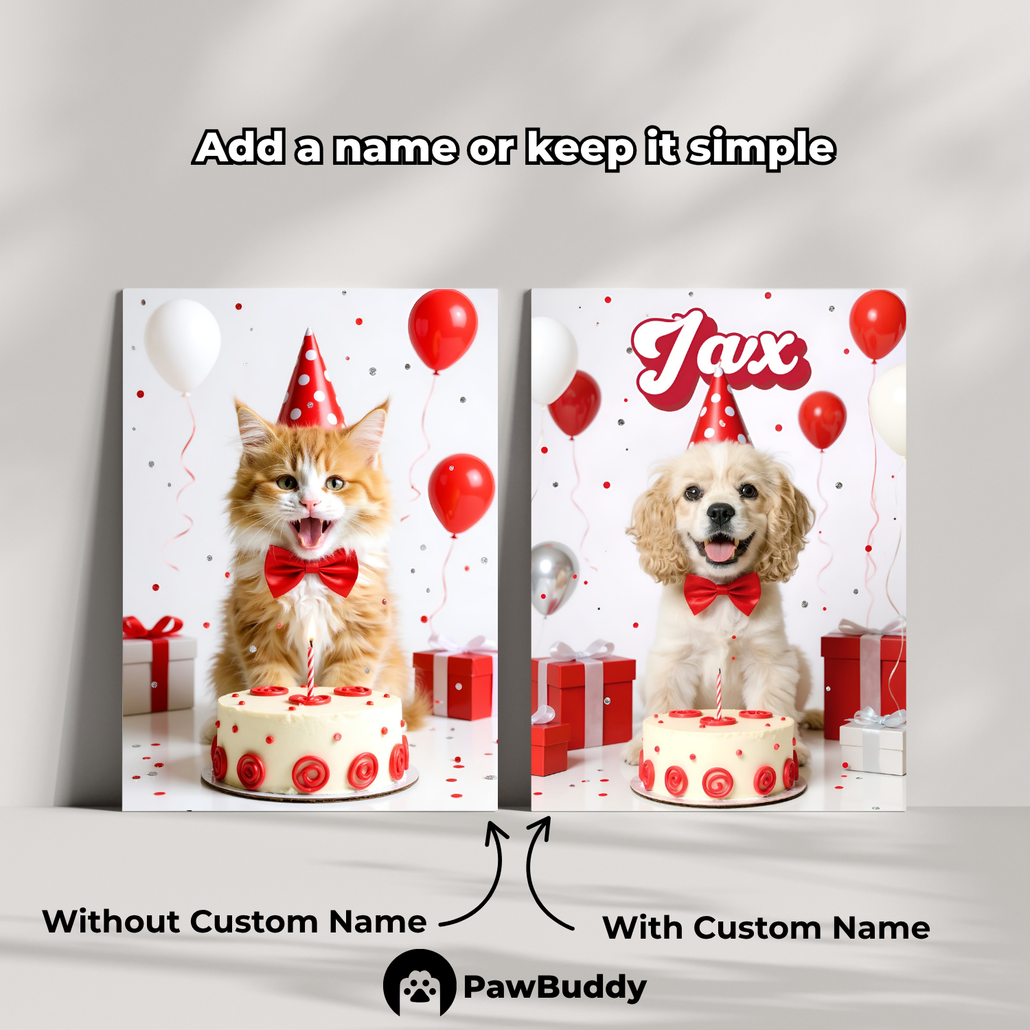 Custom Pet Poster Birthday Celebration Portrait with Red Background – Personalized High-Resolution Matte Print for Wall Art, Home Decor, or Unique Gifts for Pet Lovers (Frame Not Included)