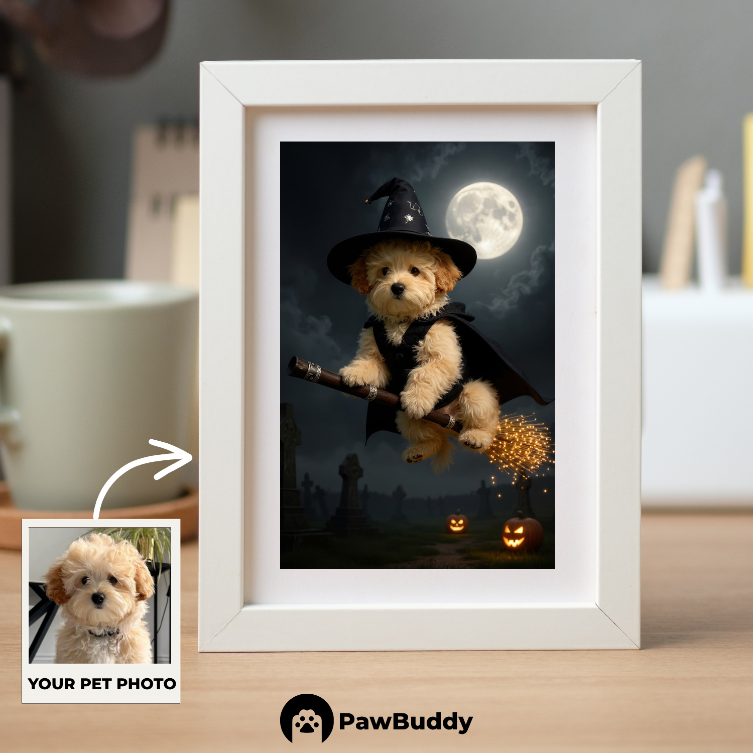 Custom Pet Poster Magical Witch Night Portrait – Personalized High-Resolution Matte Print for Wall Art, Home Decor, or Unique Gifts for Pet Lovers (Frame Not Included)