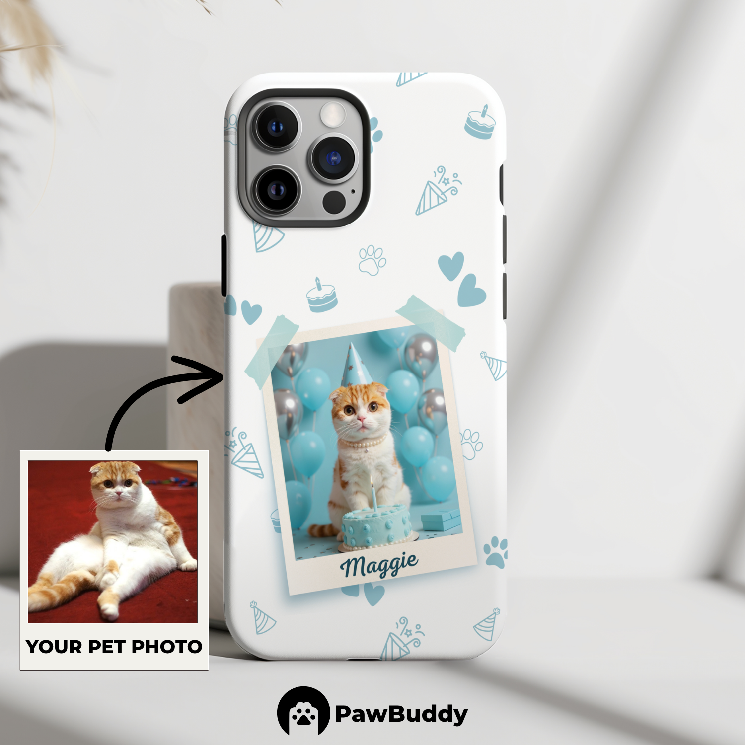 Custom Pet Phone Case for iPhone 11–17, Personalized Birthday Celebration Blue Pattern with Polaroid Photo Frame and Name, Dual-Layer Shockproof PC+TPU Protective Cover with Glossy Wraparound Printing, Unique Gift for Pet Lovers