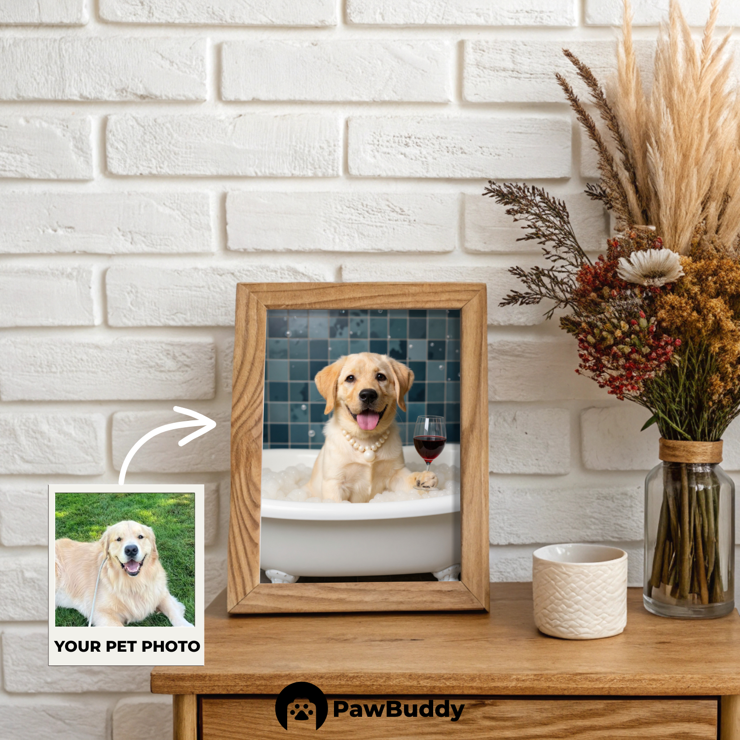 Custom Pet Poster Luxury Bathtub Portrait with Blue Tile Background, Red Wine Glass, and Pearl Necklace – Personalized High-Resolution Matte Print for Wall Art, Home Decor, or Unique Gifts for Pet Lovers (Frame Not Included)
