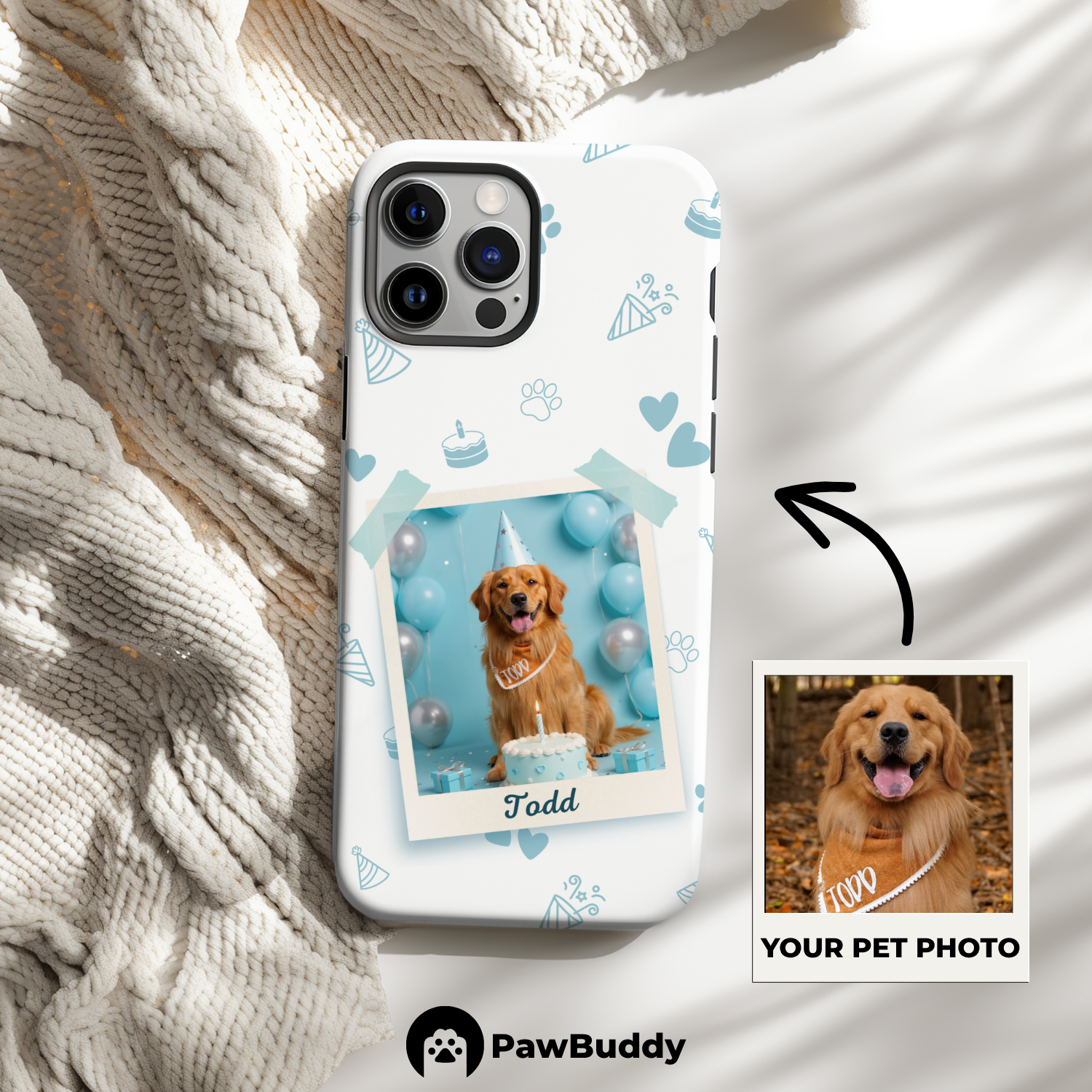 Custom Pet Phone Case for iPhone 11–17, Personalized Birthday Celebration Blue Pattern with Polaroid Photo Frame and Name, Dual-Layer Shockproof PC+TPU Protective Cover with Glossy Wraparound Printing, Unique Gift for Pet Lovers