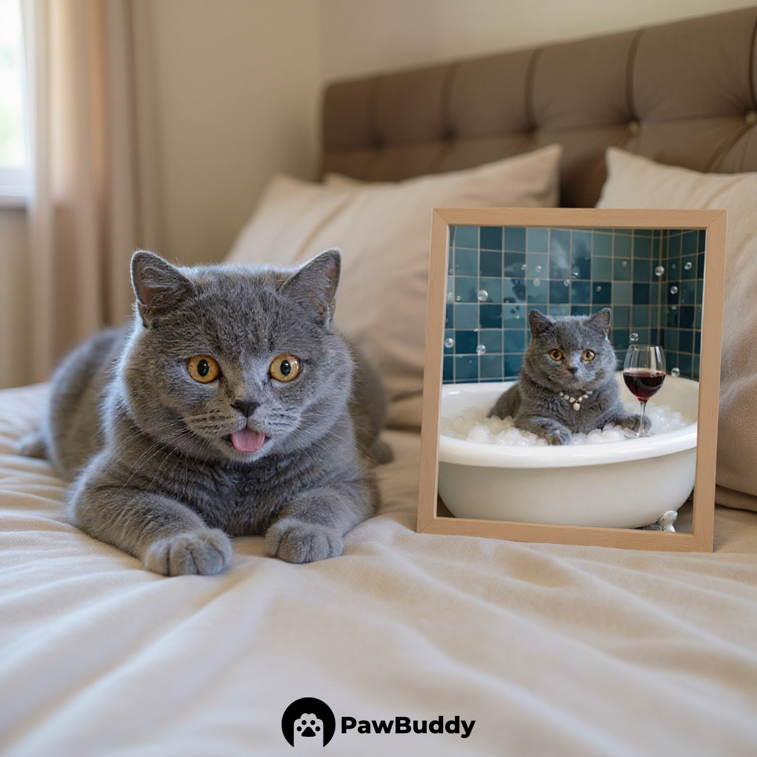 Custom Pet Poster Luxury Bathtub Portrait with Blue Tile Background, Red Wine Glass, and Pearl Necklace – Personalized High-Resolution Matte Print for Wall Art, Home Decor, or Unique Gifts for Pet Lovers (Frame Not Included)