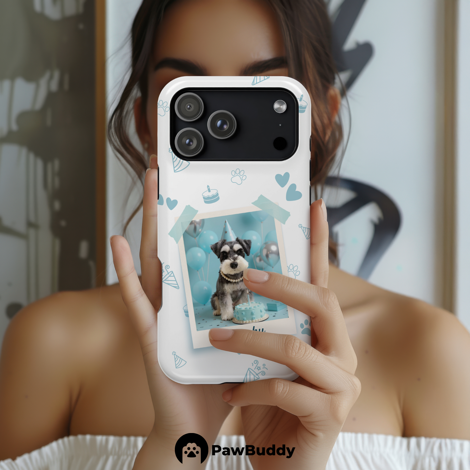 Custom Pet Phone Case for iPhone 11–17, Personalized Birthday Celebration Blue Pattern with Polaroid Photo Frame and Name, Dual-Layer Shockproof PC+TPU Protective Cover with Glossy Wraparound Printing, Unique Gift for Pet Lovers