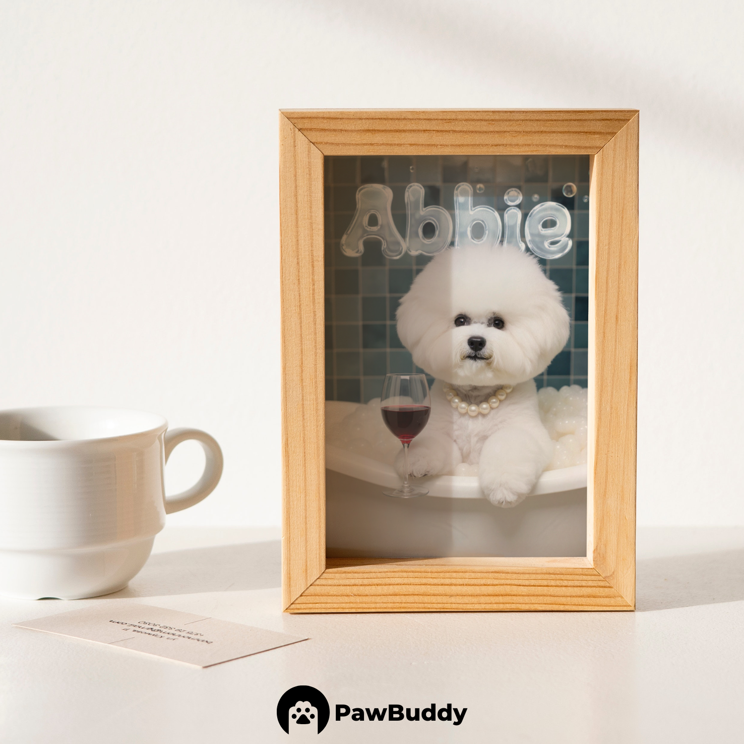 Custom Pet Poster Luxury Bathtub Portrait with Blue Tile Background, Red Wine Glass, and Pearl Necklace – Personalized High-Resolution Matte Print for Wall Art, Home Decor, or Unique Gifts for Pet Lovers (Frame Not Included)