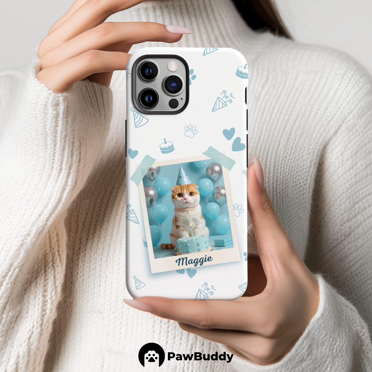 Custom Pet Phone Case for iPhone 11–17, Personalized Birthday Celebration Blue Pattern with Polaroid Photo Frame and Name, Dual-Layer Shockproof PC+TPU Protective Cover with Glossy Wraparound Printing, Unique Gift for Pet Lovers