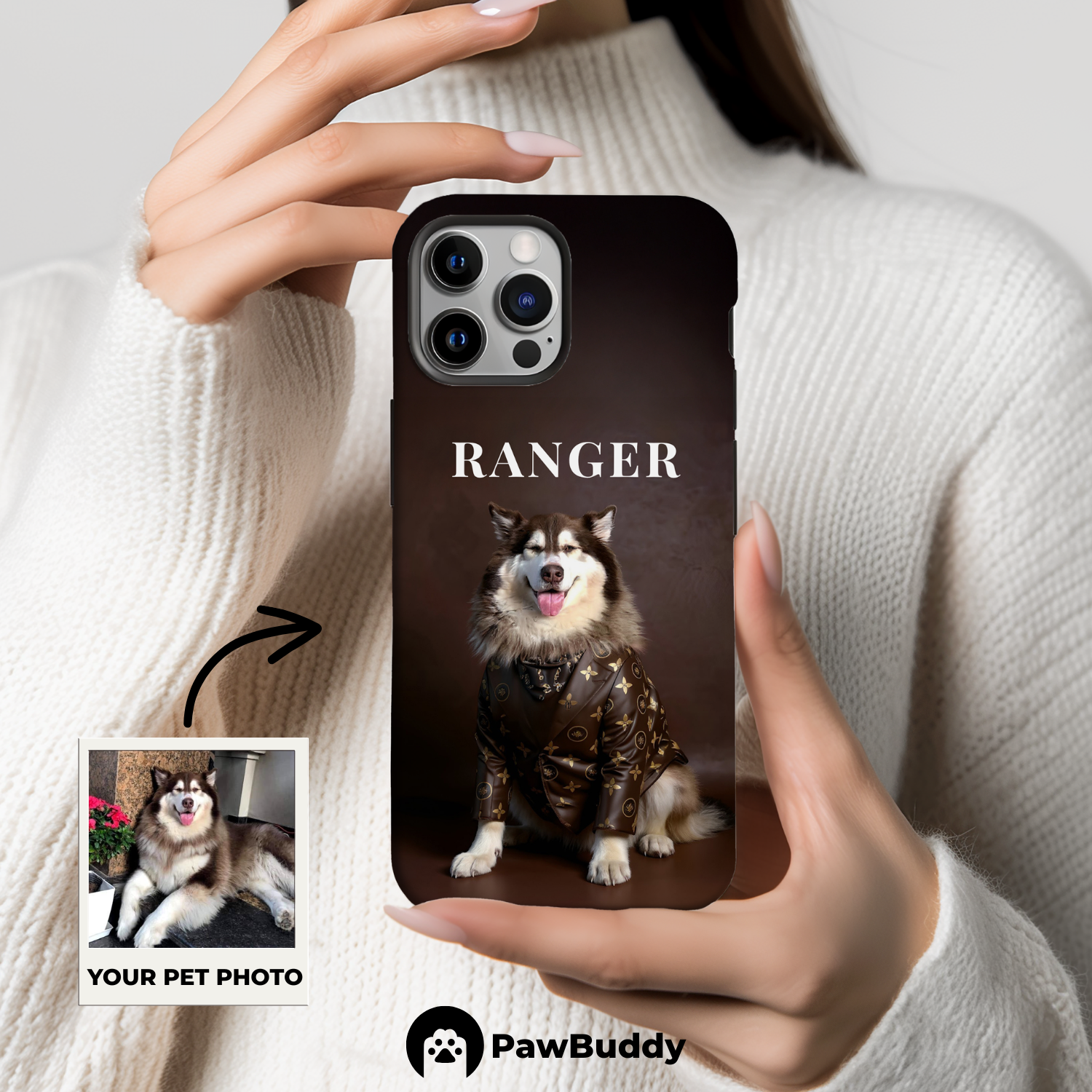 Custom Pet Phone Case for iPhone 11–17, Personalized Dark Brown Suit Studio Portrait Design, Dual-Layer Shockproof PC+TPU Protective Cover with Glossy Wraparound Printing, Unique Gift for Pet