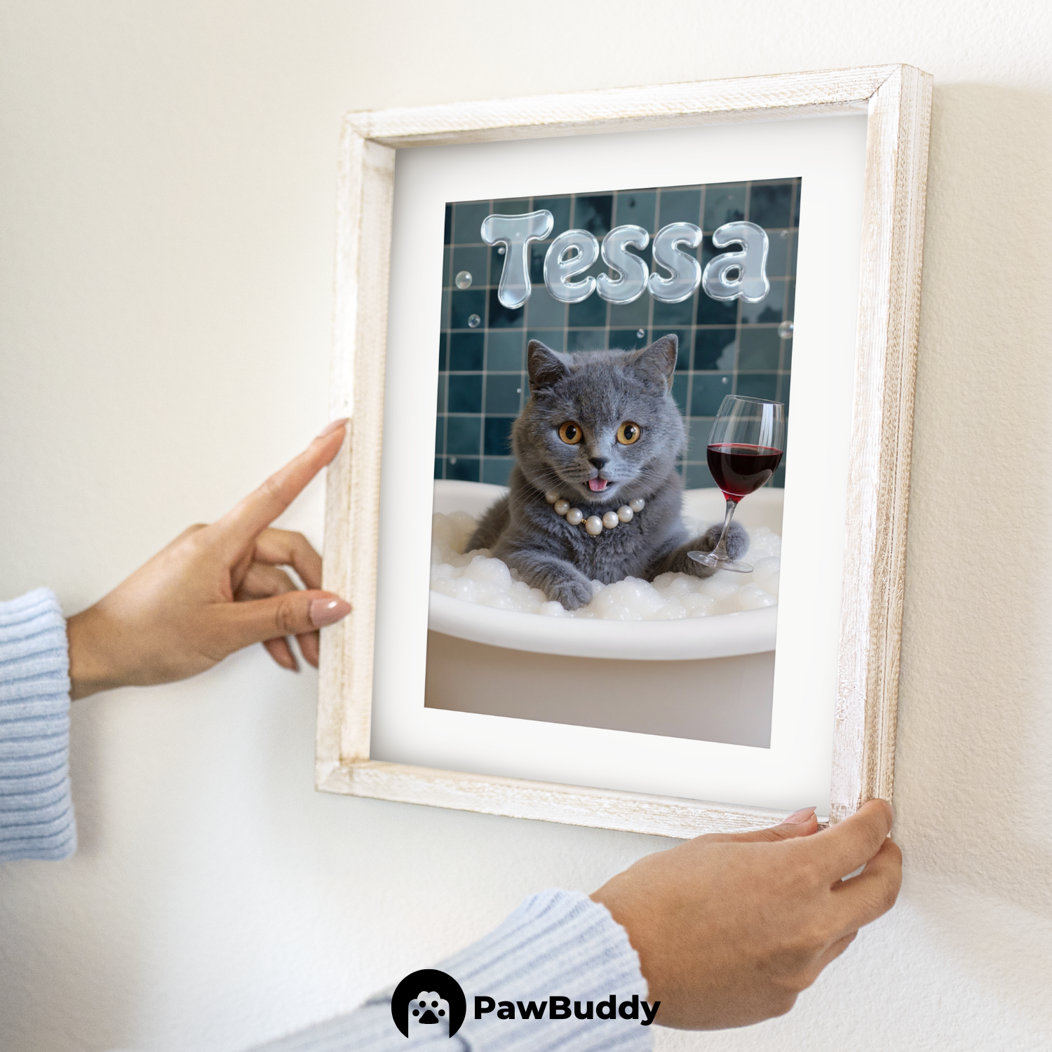 Custom Pet Poster Luxury Bathtub Portrait with Blue Tile Background, Red Wine Glass, and Pearl Necklace – Personalized High-Resolution Matte Print for Wall Art, Home Decor, or Unique Gifts for Pet Lovers (Frame Not Included)