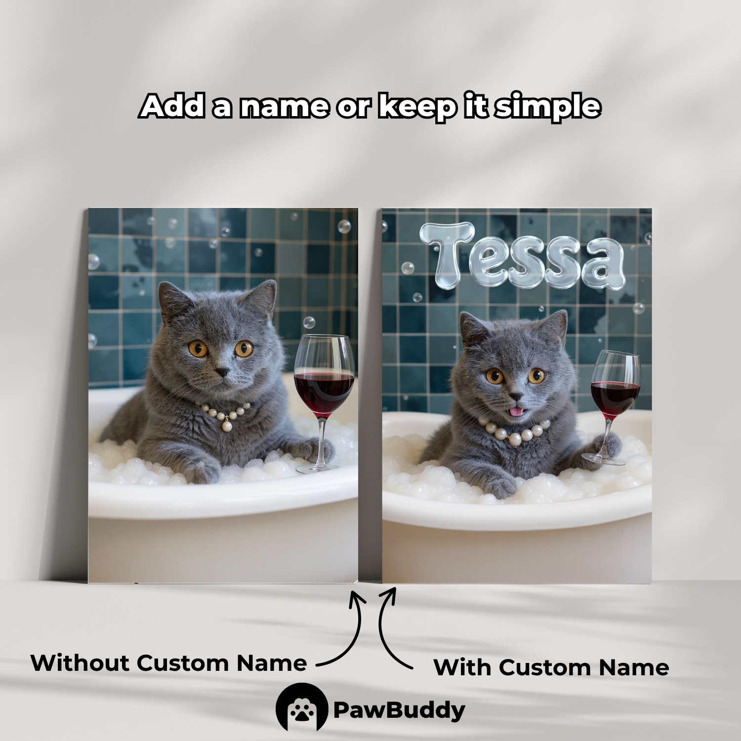 Custom Pet Poster Luxury Bathtub Portrait with Blue Tile Background, Red Wine Glass, and Pearl Necklace – Personalized High-Resolution Matte Print for Wall Art, Home Decor, or Unique Gifts for Pet Lovers (Frame Not Included)