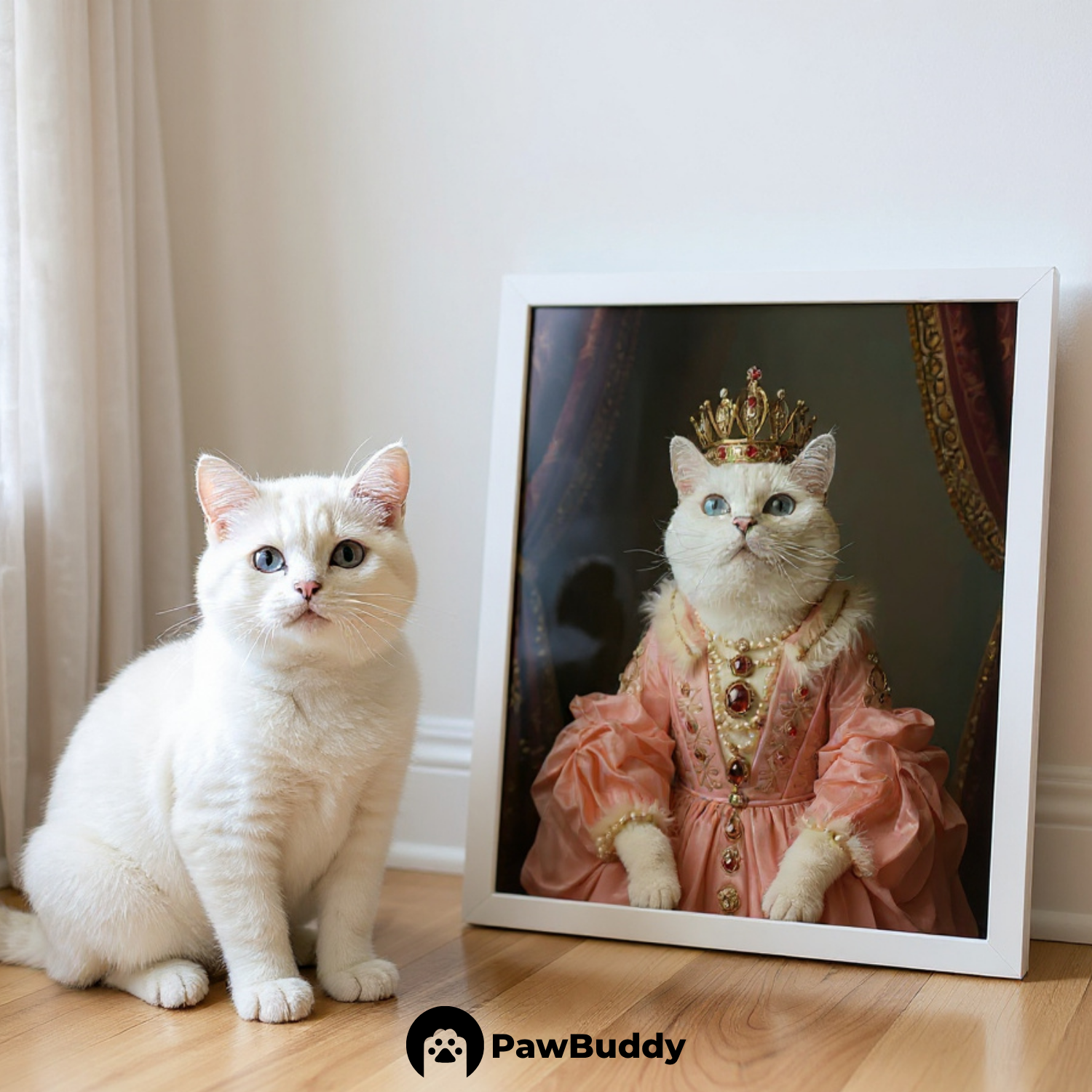 Custom Pet Poster Regal Royal Portrait in Rose-Pink Gown with Crown and Pearls – Personalized High-Resolution Matte Print for Wall Art, Home Decor, or Unique Gifts for Pet Lovers (Frame Not Included)