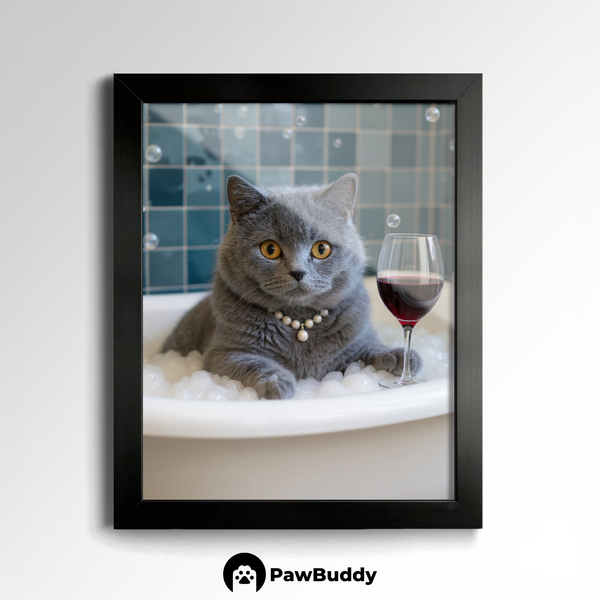 Custom Pet Poster Luxury Bathtub Portrait with Blue Tile Background, Red Wine Glass, and Pearl Necklace – Personalized High-Resolution Matte Print for Wall Art, Home Decor, or Unique Gifts for Pet Lovers