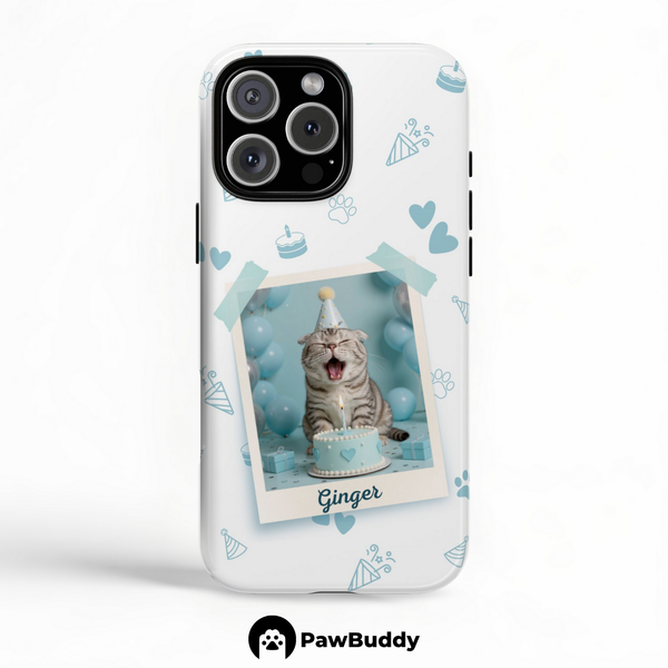 Custom Pet Phone Case for iPhone 11–17, Personalized Birthday Celebration Blue Pattern with Polaroid Photo Frame and Name, Dual-Layer Shockproof PC+TPU Protective Cover with Glossy Wraparound Printing, Unique Gift for Pet Lovers
