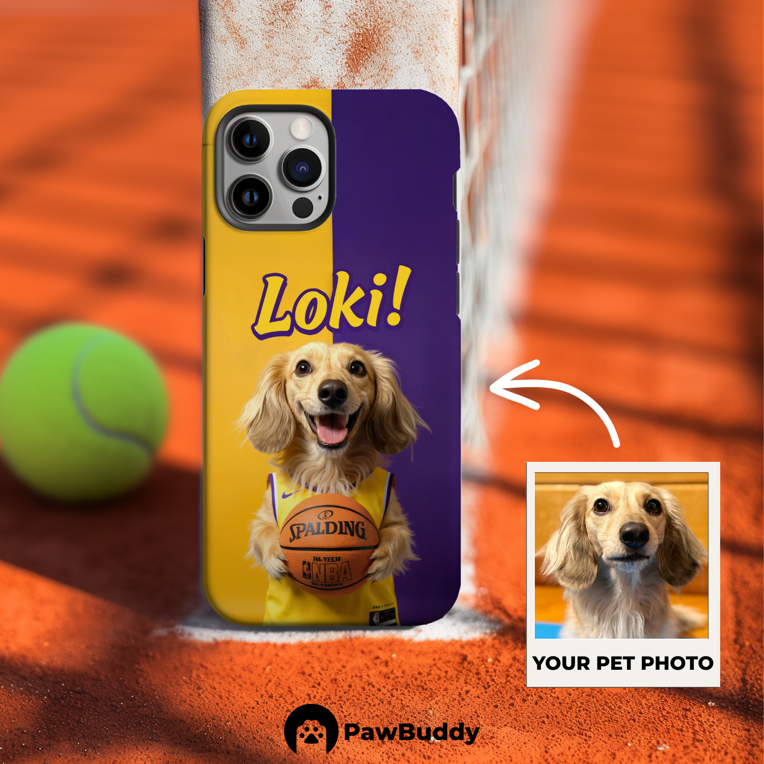 Custom Pet Phone Case for iPhone 11–17, Personalized Basketball Yellow and Purple Court Design with Jersey and Ball, Dual-Layer Shockproof PC+TPU Protective Cover with Glossy Wraparound Printing, Unique Gift for Pet Lovers