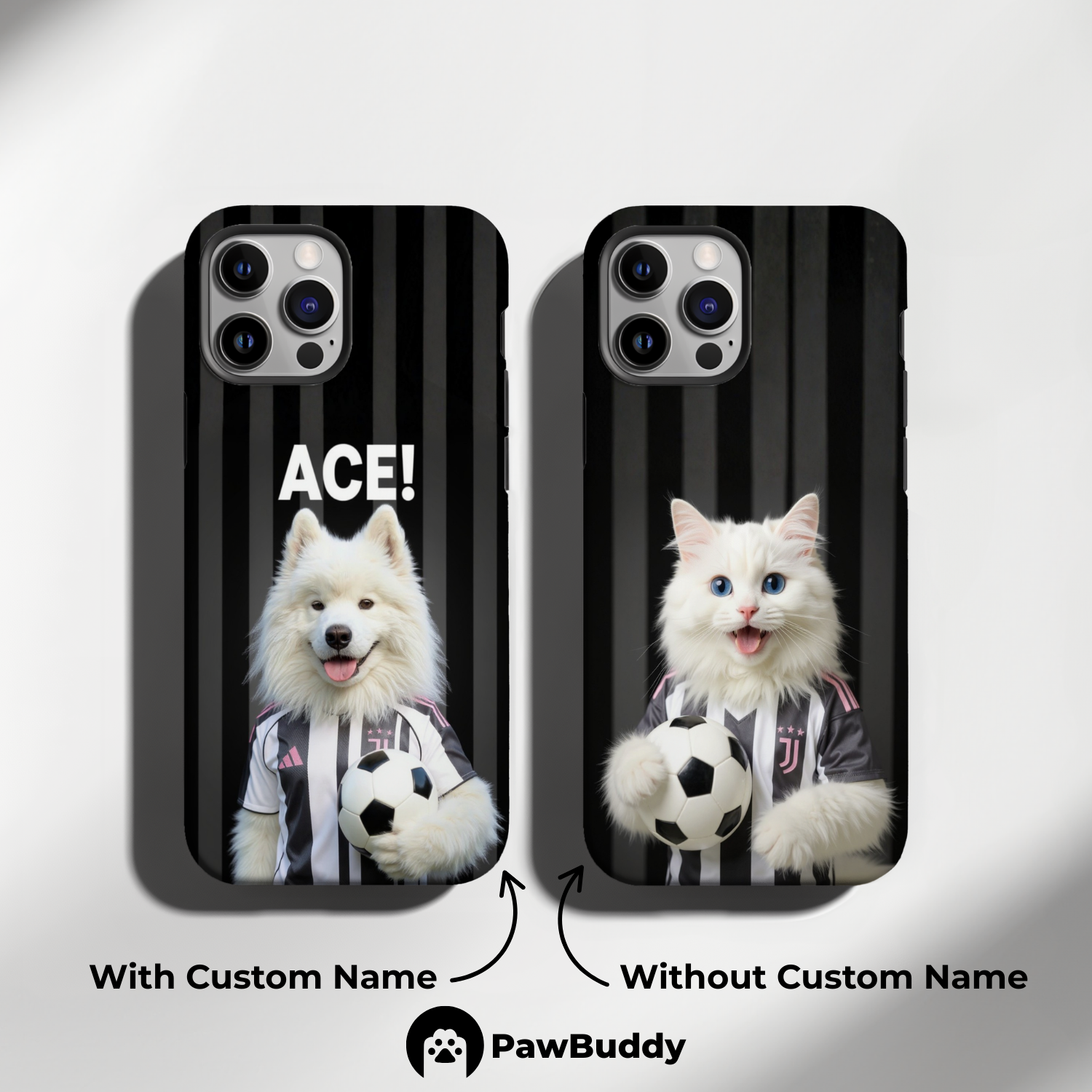 Custom Pet Phone Case for iPhone 11–17, Personalized Monochrome Ace Soccer Champion Portrait Design, Dual-Layer Shockproof PC+TPU Protective Cover with Glossy Wraparound Printing, Unique Gift for Pet Lovers