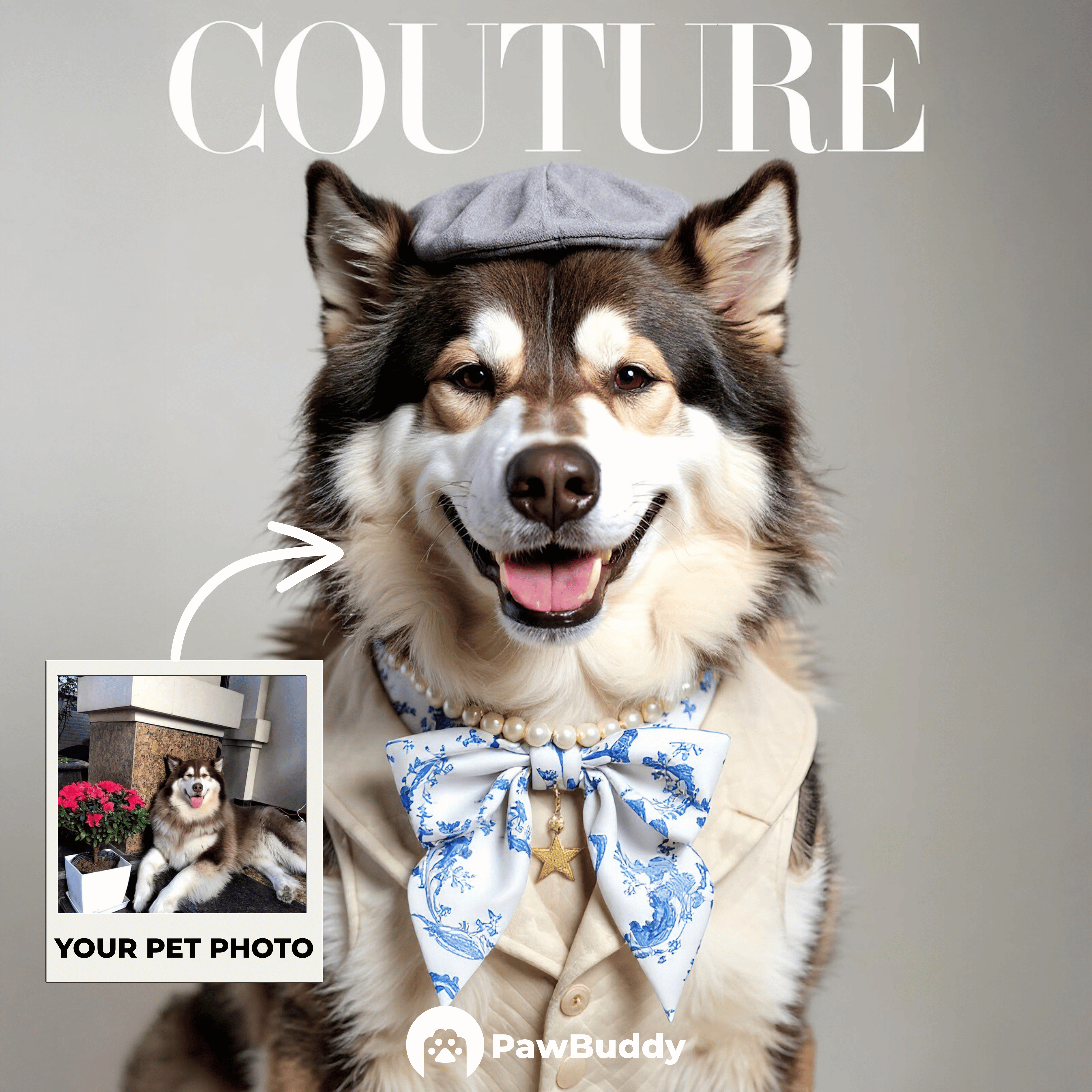 Custom Pet Portrait Parisian Blue Toile Couture Style Digital Artwork – Personalized High-Resolution Artwork for Pet Lovers, Perfect for Online Sharing or as a Unique Elegant Keepsake