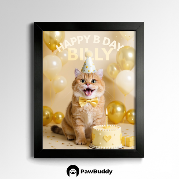 Custom Pet Poster Birthday Celebration Portrait with Gold Background – Personalized High-Resolution Matte Print for Wall Art, Home Decor, or Unique Gifts for Pet Lovers