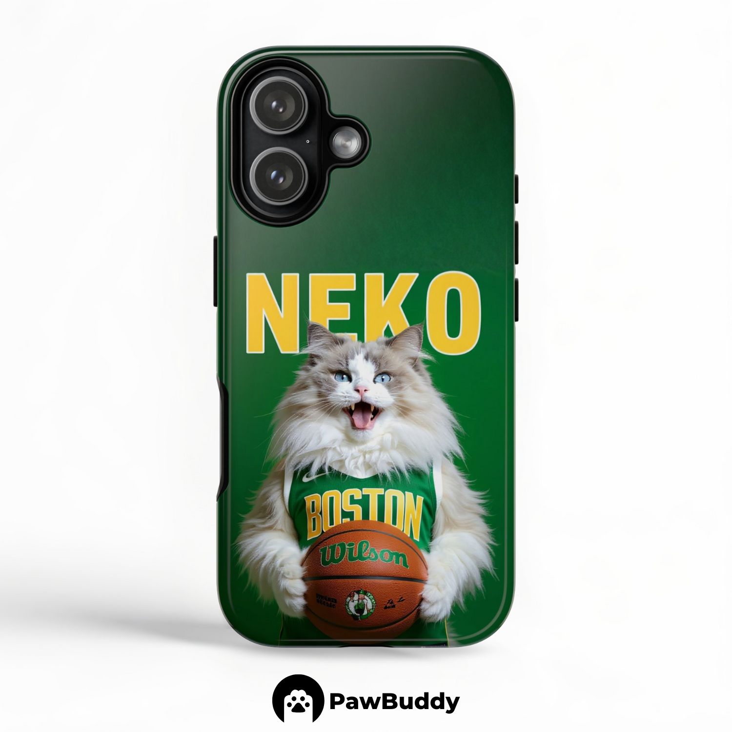 Custom Pet Phone Case for iPhone 11–17, Personalized Emerald Court Spirit Basketball Portrait Design, Dual-Layer Shockproof PC+TPU Protective Cover with Glossy Wraparound Printing, Unique Gift for Pet Lovers