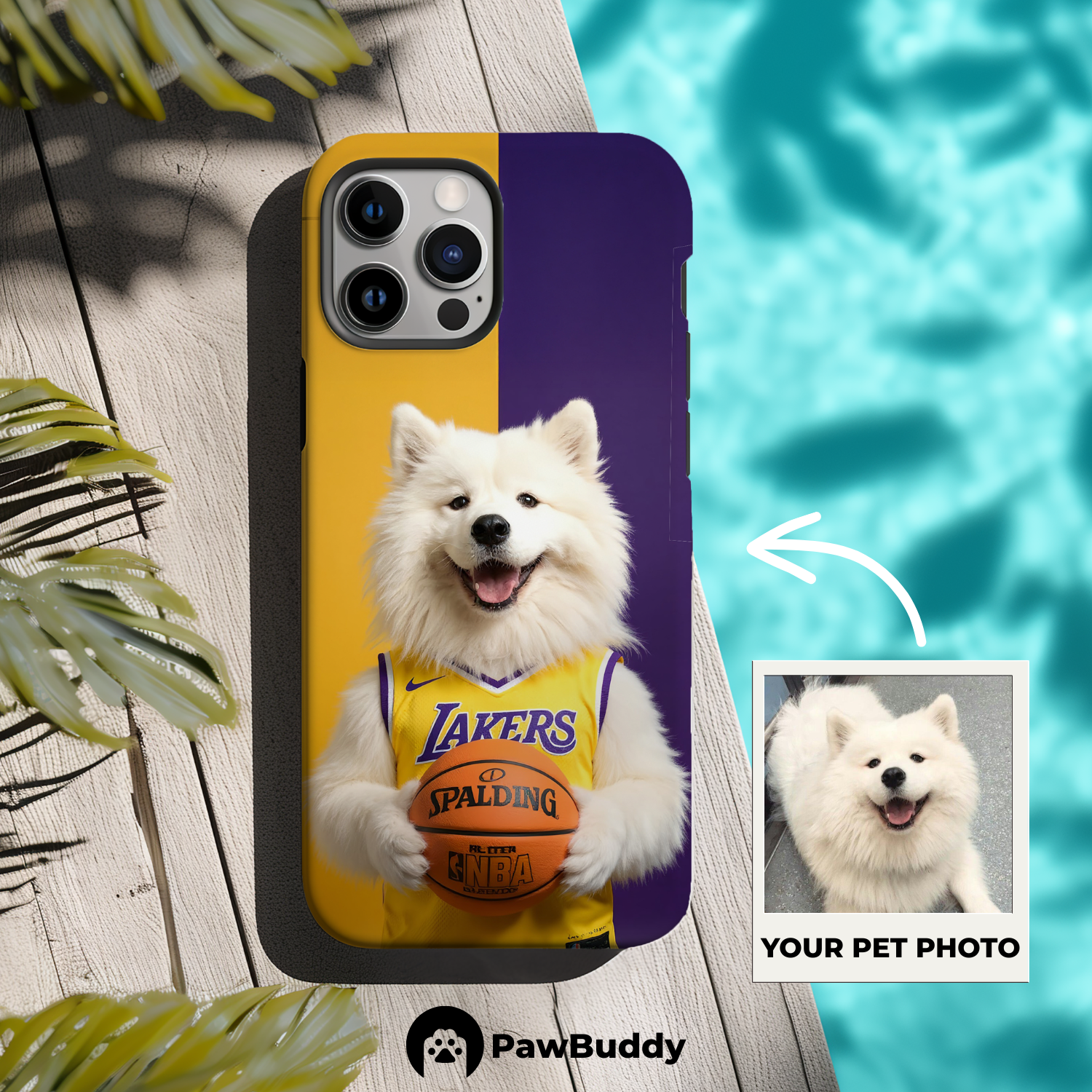 Custom Pet Phone Case for iPhone 11–17, Personalized Basketball Yellow and Purple Court Design with Jersey and Ball, Dual-Layer Shockproof PC+TPU Protective Cover with Glossy Wraparound Printing, Unique Gift for Pet Lovers