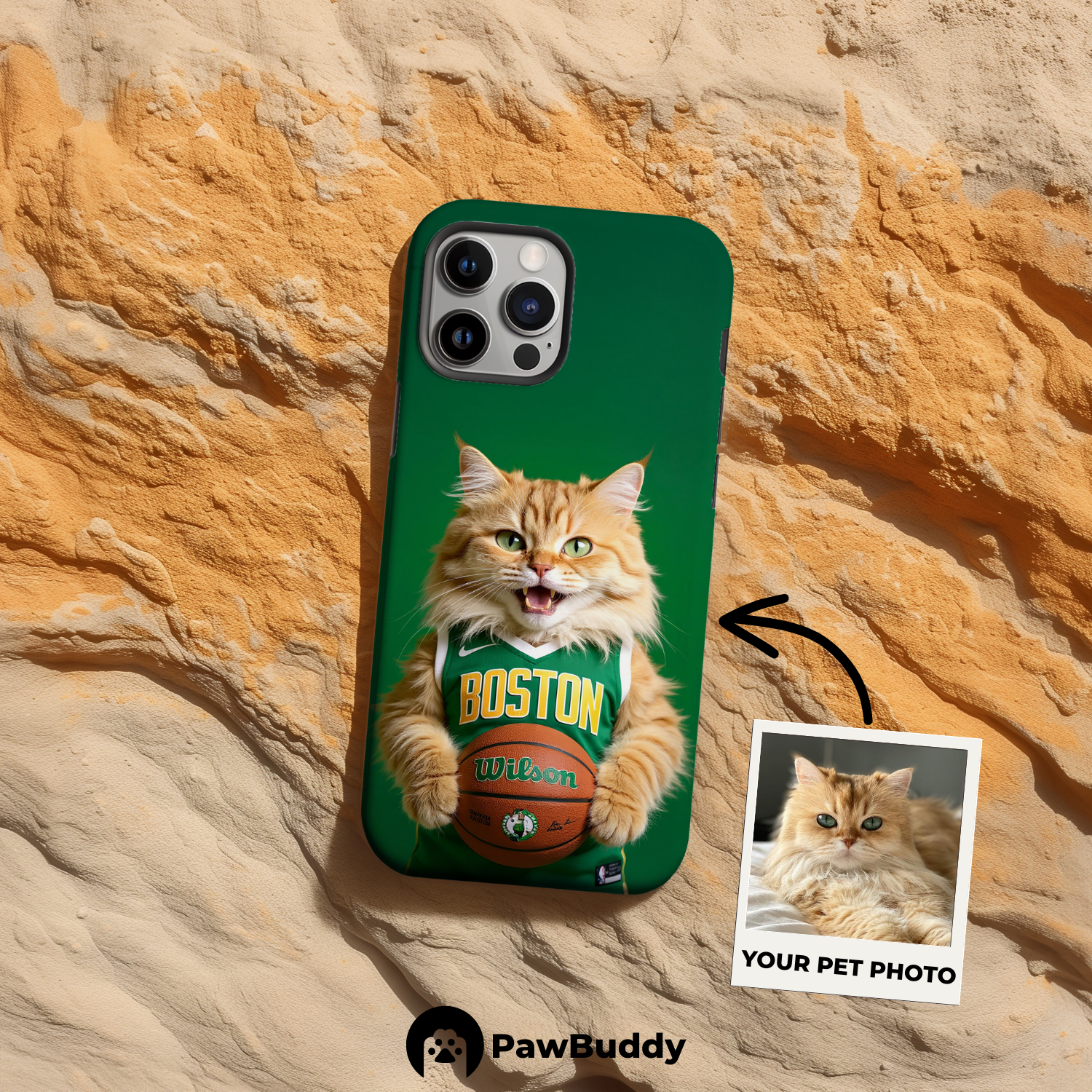 Custom Pet Phone Case for iPhone 11–17, Personalized Emerald Court Spirit Basketball Portrait Design, Dual-Layer Shockproof PC+TPU Protective Cover with Glossy Wraparound Printing, Unique Gift for Pet Lovers