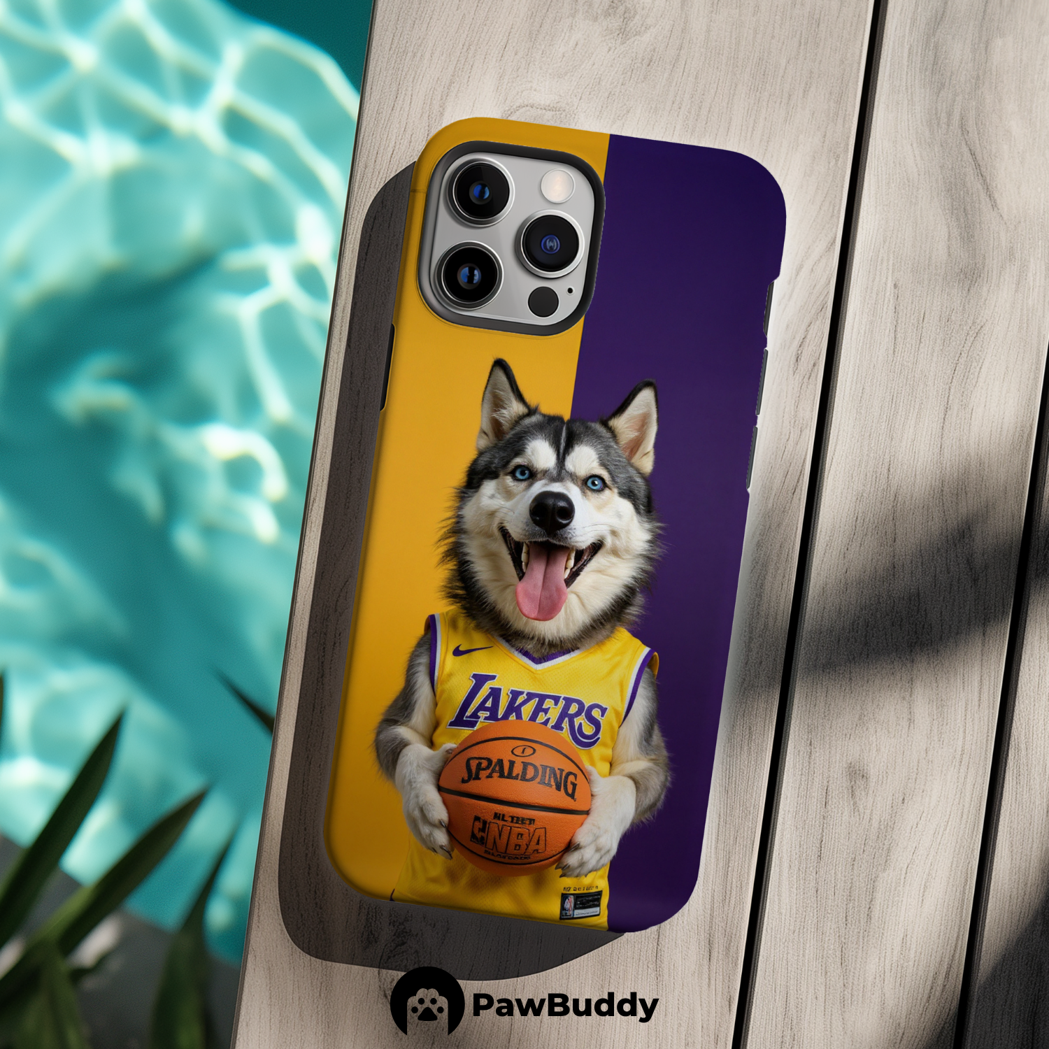 Custom Pet Phone Case for iPhone 11–17, Personalized Basketball Yellow and Purple Court Design with Jersey and Ball, Dual-Layer Shockproof PC+TPU Protective Cover with Glossy Wraparound Printing, Unique Gift for Pet Lovers